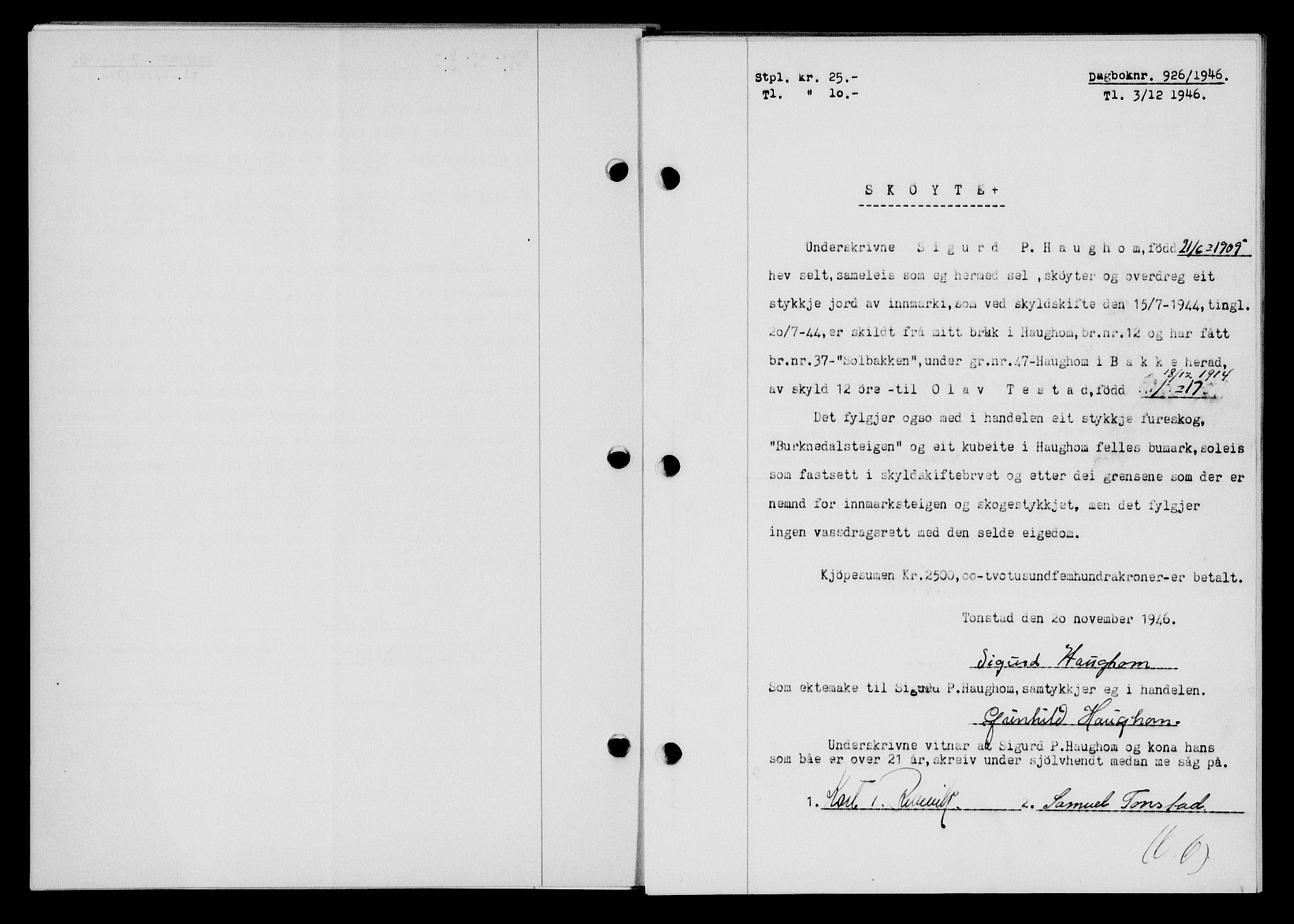 Flekkefjord sorenskriveri, SAK/1221-0001/G/Gb/Gba/L0061: Mortgage book no. A-9, 1946-1947, Diary no: : 926/1946