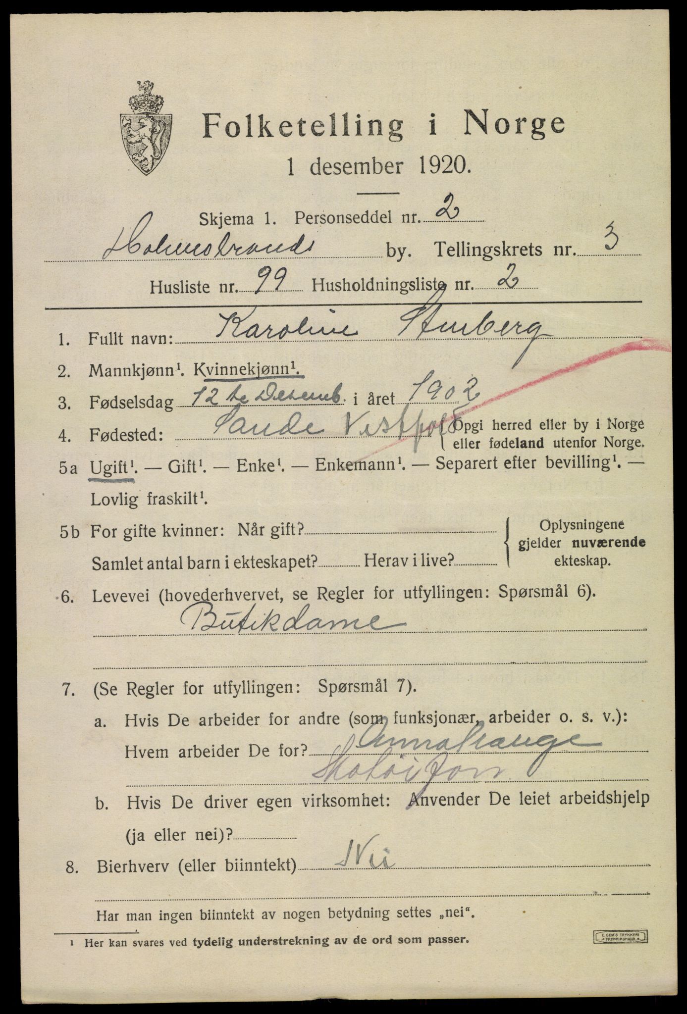 SAKO, 1920 census for Holmestrand, 1920, p. 4086