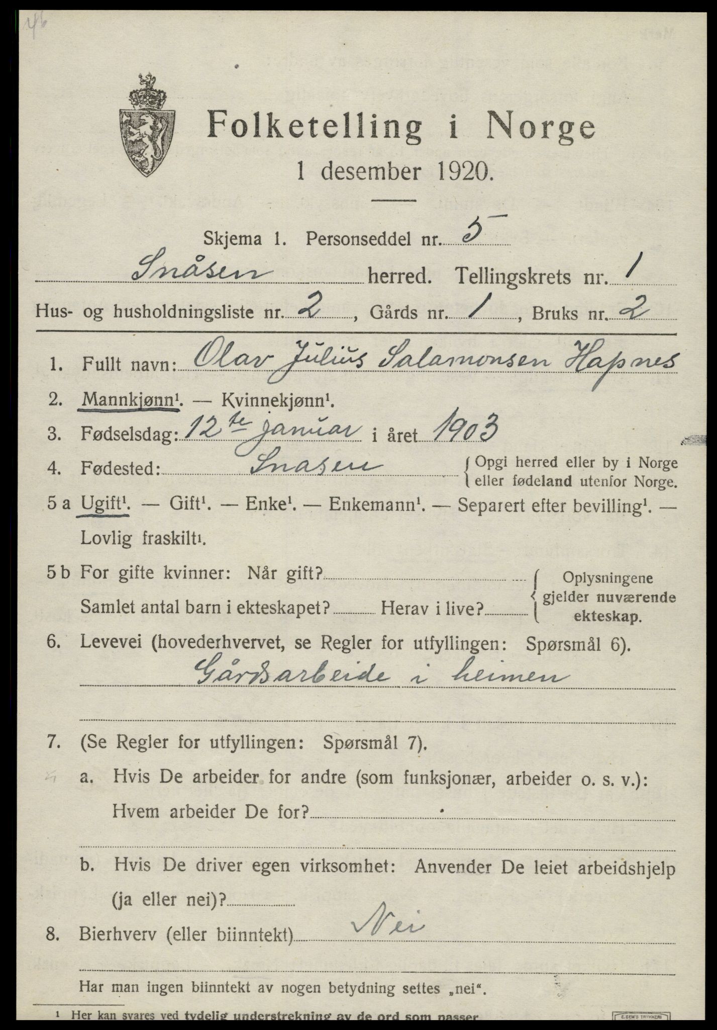SAT, 1920 census for Snåsa, 1920, p. 1066