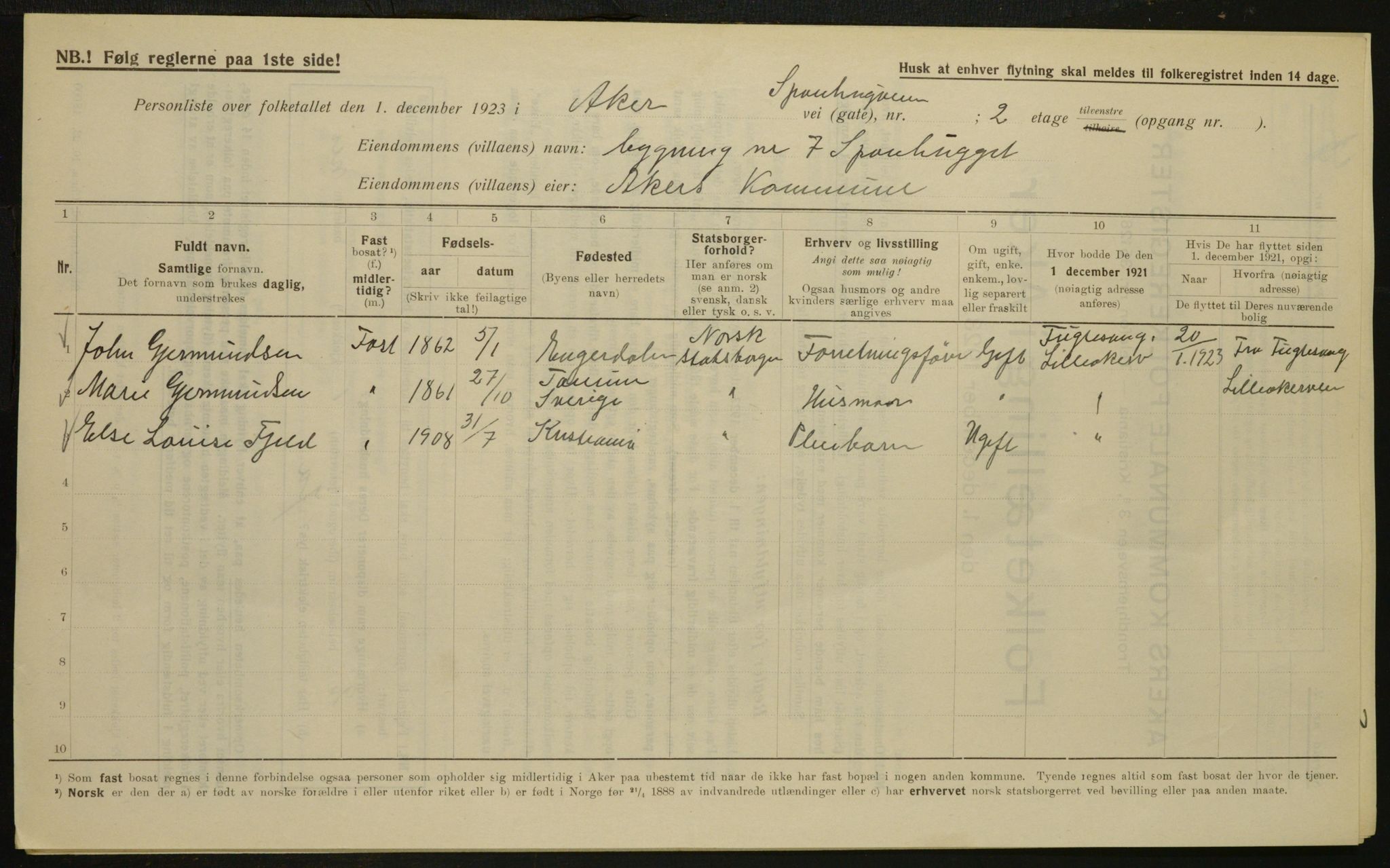 , Municipal Census 1923 for Aker, 1923, p. 5354