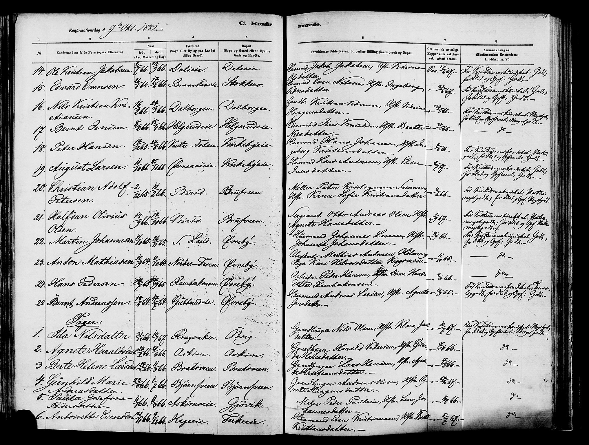 Vardal prestekontor, SAH/PREST-100/H/Ha/Haa/L0009: Parish register (official) no. 9, 1878-1892, p. 98