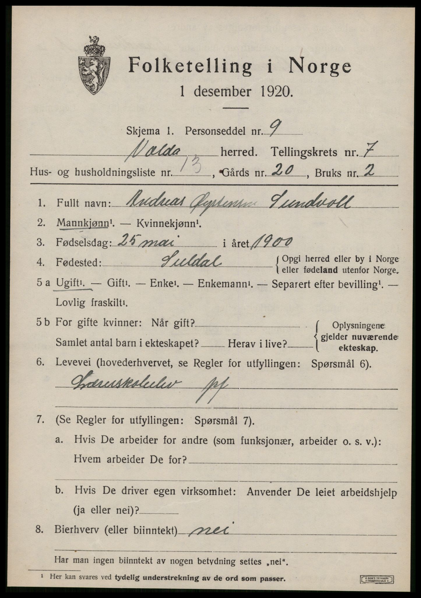 SAT, 1920 census for Volda, 1920, p. 6292