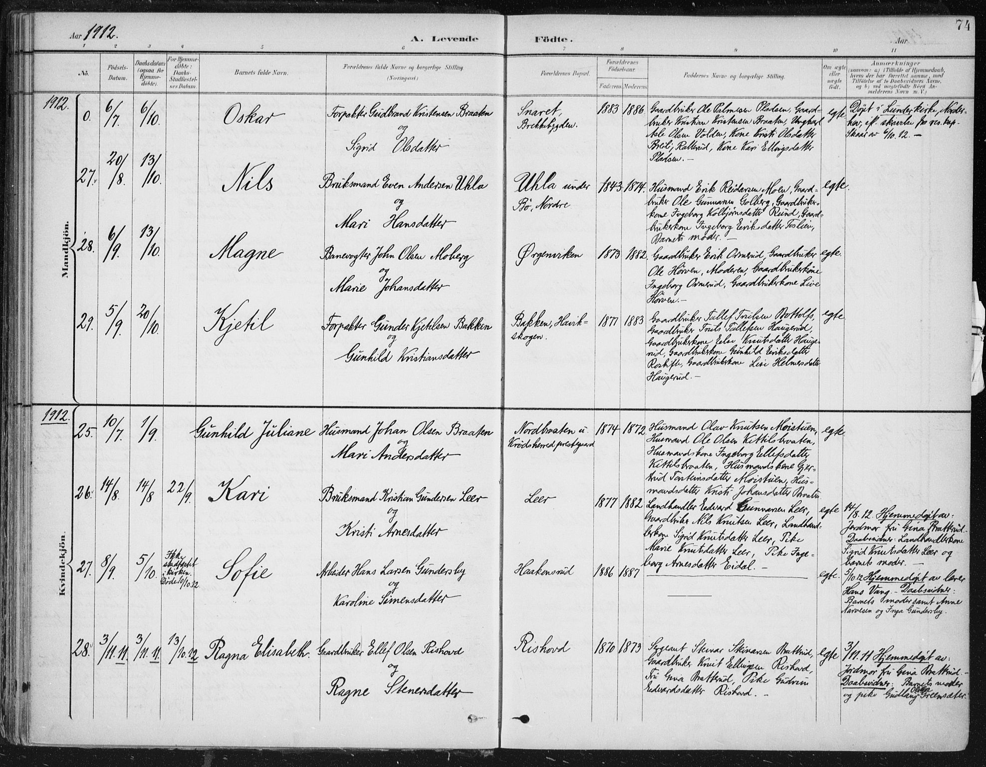 Krødsherad kirkebøker, AV/SAKO-A-19/F/Fa/L0007: Parish register (official) no. 7, 1900-1915, p. 74