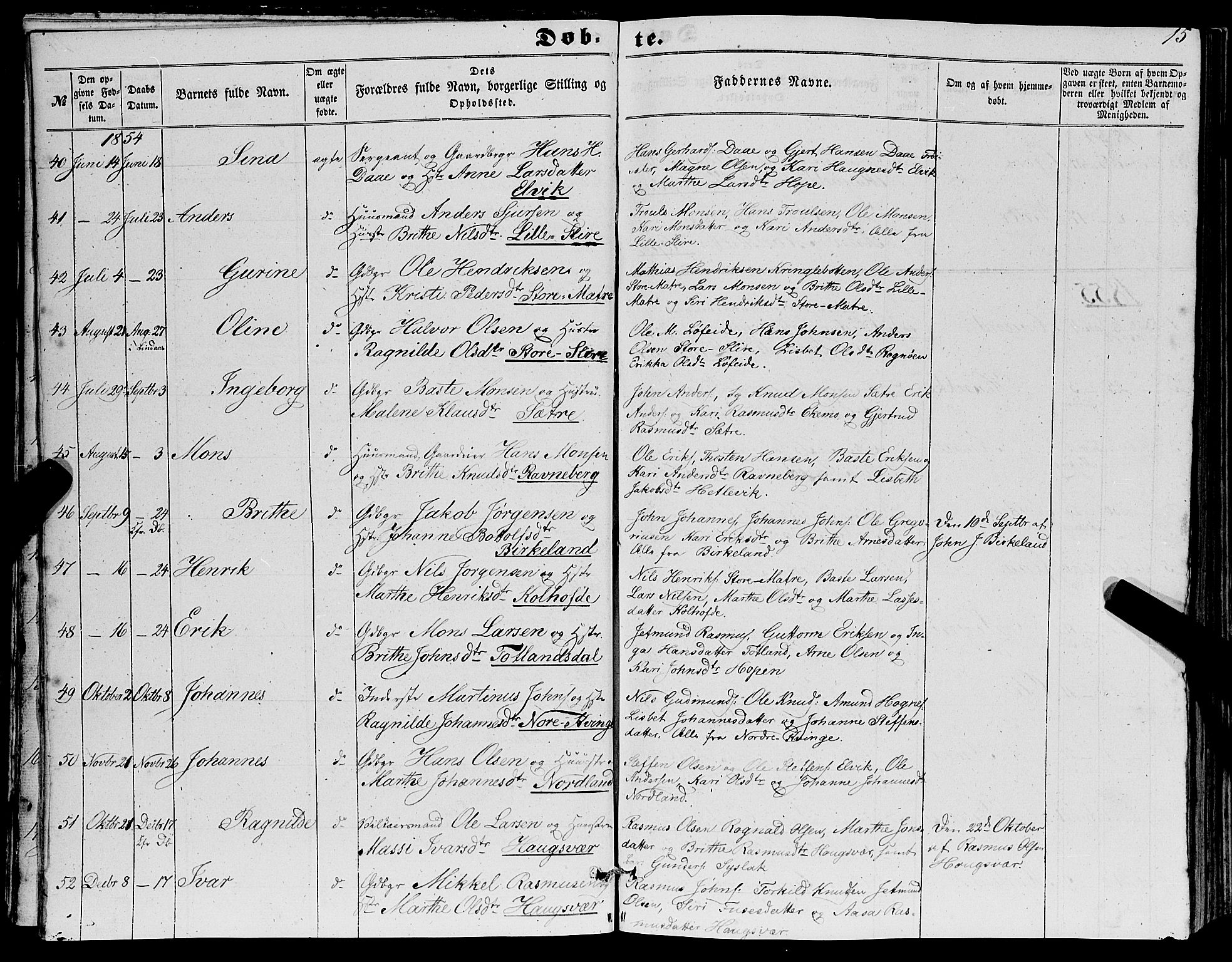Masfjorden Sokneprestembete, SAB/A-77001: Parish register (copy) no. A 1, 1851-1875, p. 15