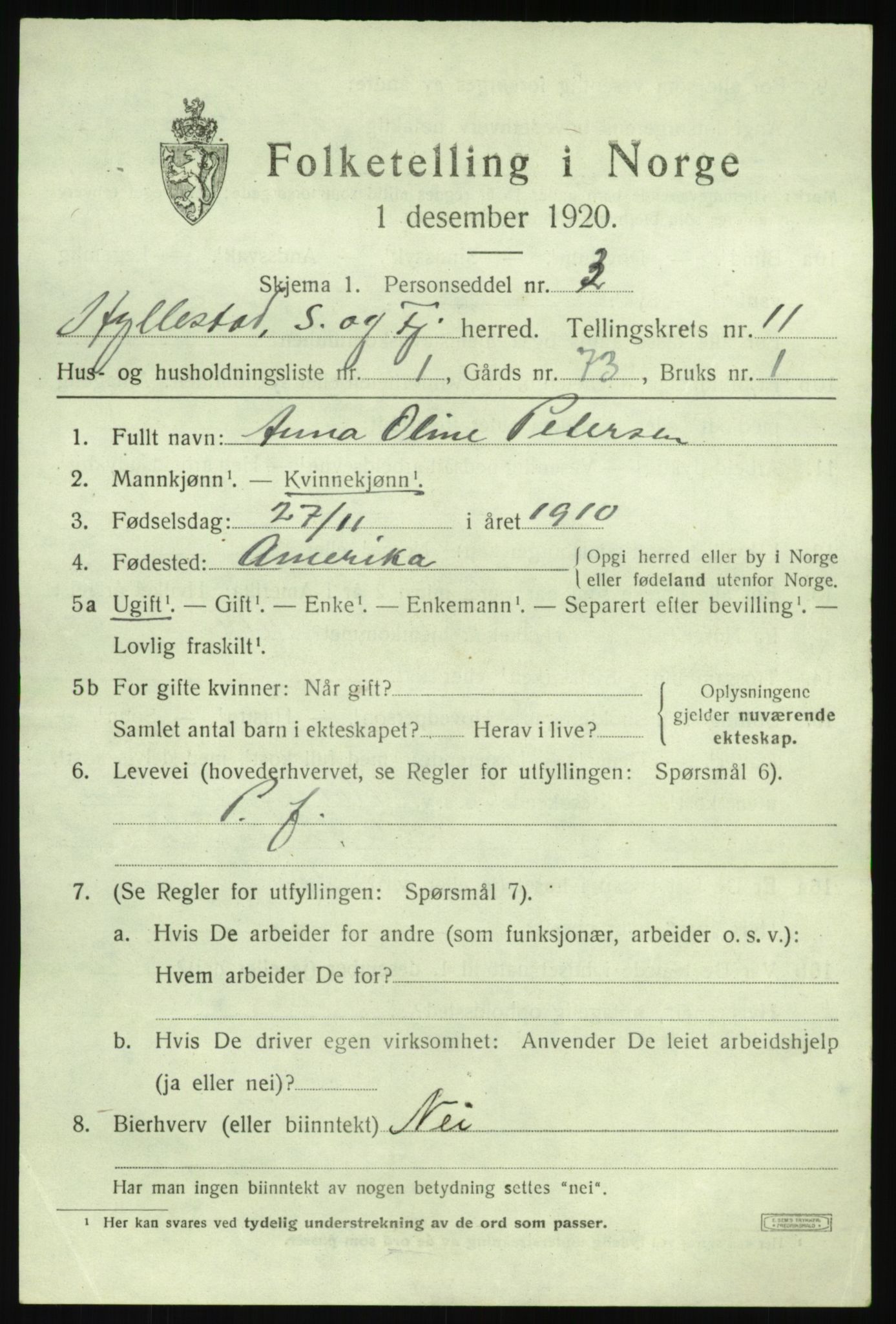 SAB, 1920 census for Hyllestad, 1920, p. 4096