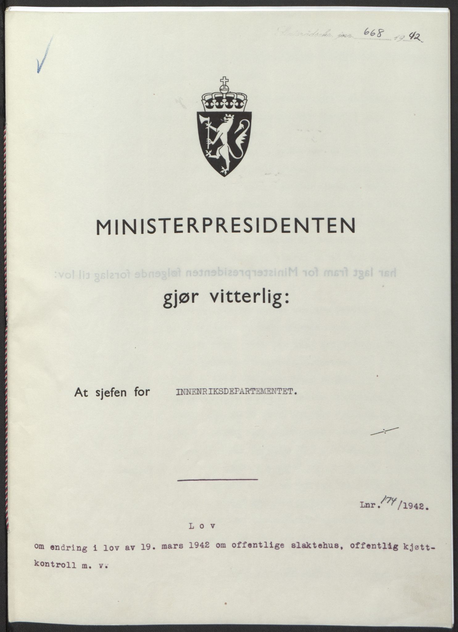 NS-administrasjonen 1940-1945 (Statsrådsekretariatet, de kommisariske statsråder mm), RA/S-4279/D/Db/L0098: Lover II, 1942, p. 293