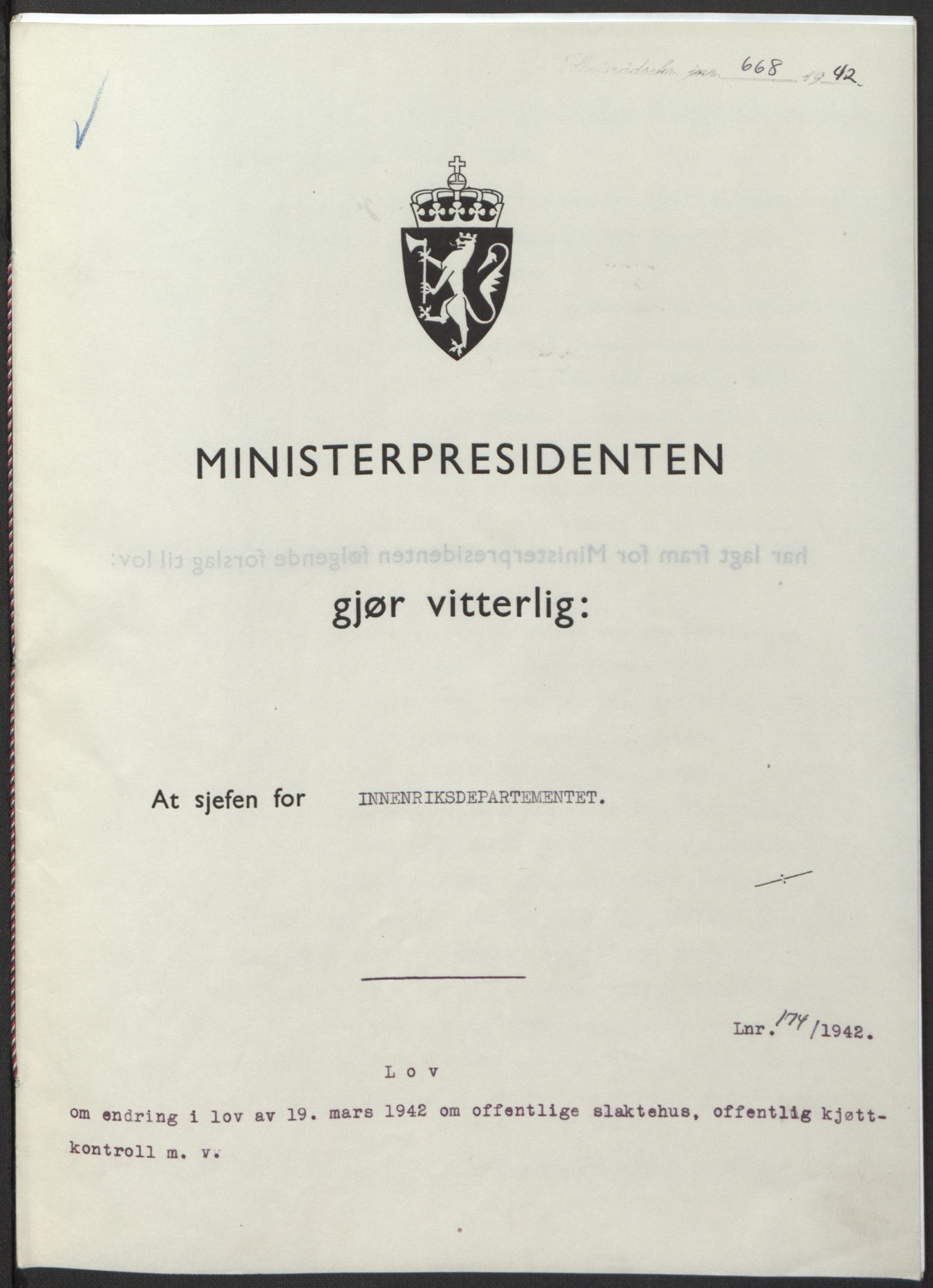 NS-administrasjonen 1940-1945 (Statsrådsekretariatet, de kommisariske statsråder mm), AV/RA-S-4279/D/Db/L0098: Lover II, 1942, p. 293