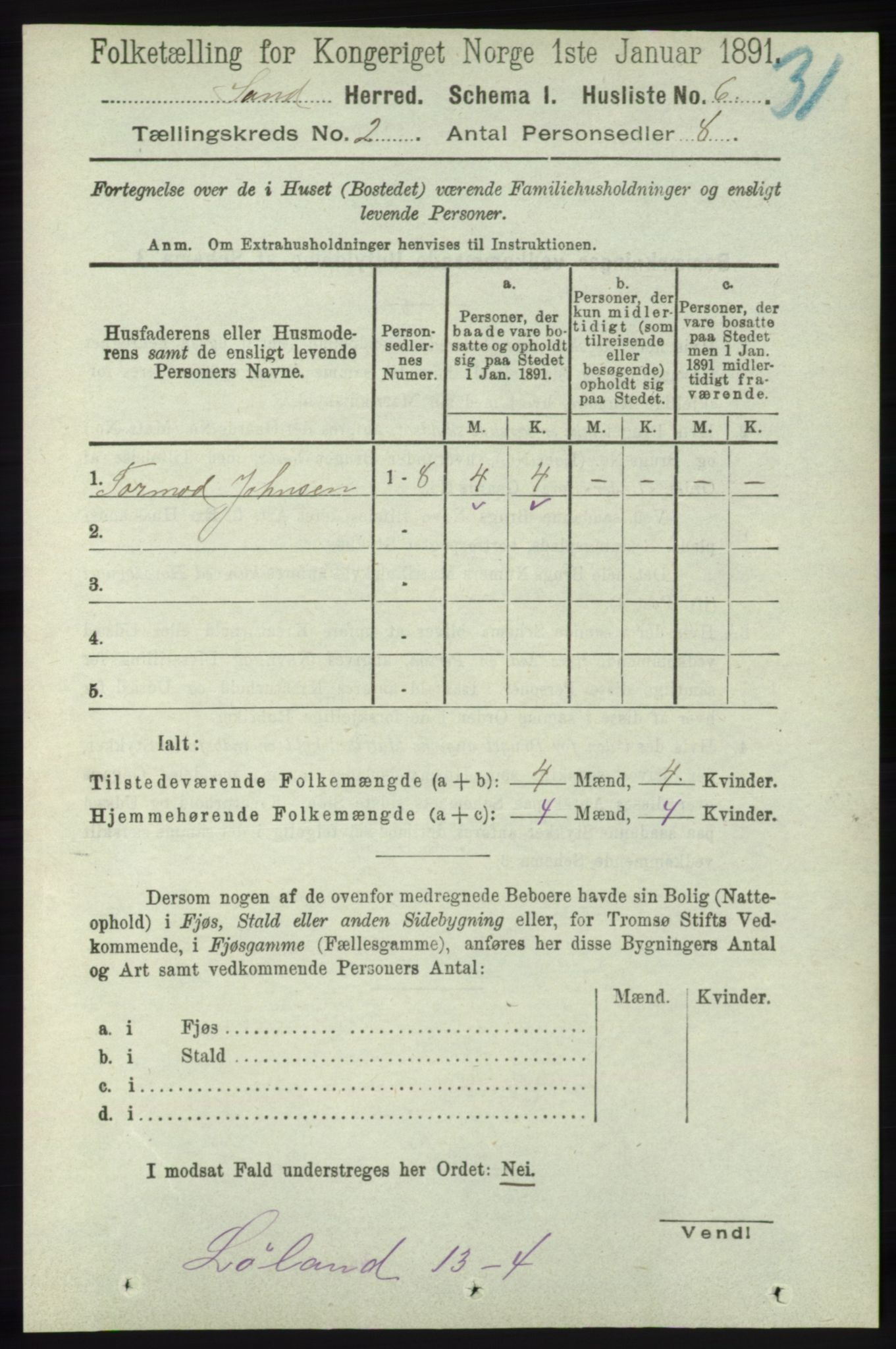 RA, 1891 census for 1136 Sand, 1891, p. 289