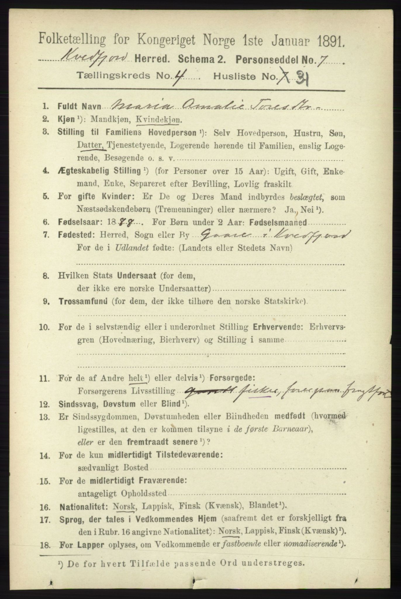 RA, 1891 census for 1911 Kvæfjord, 1891, p. 2097