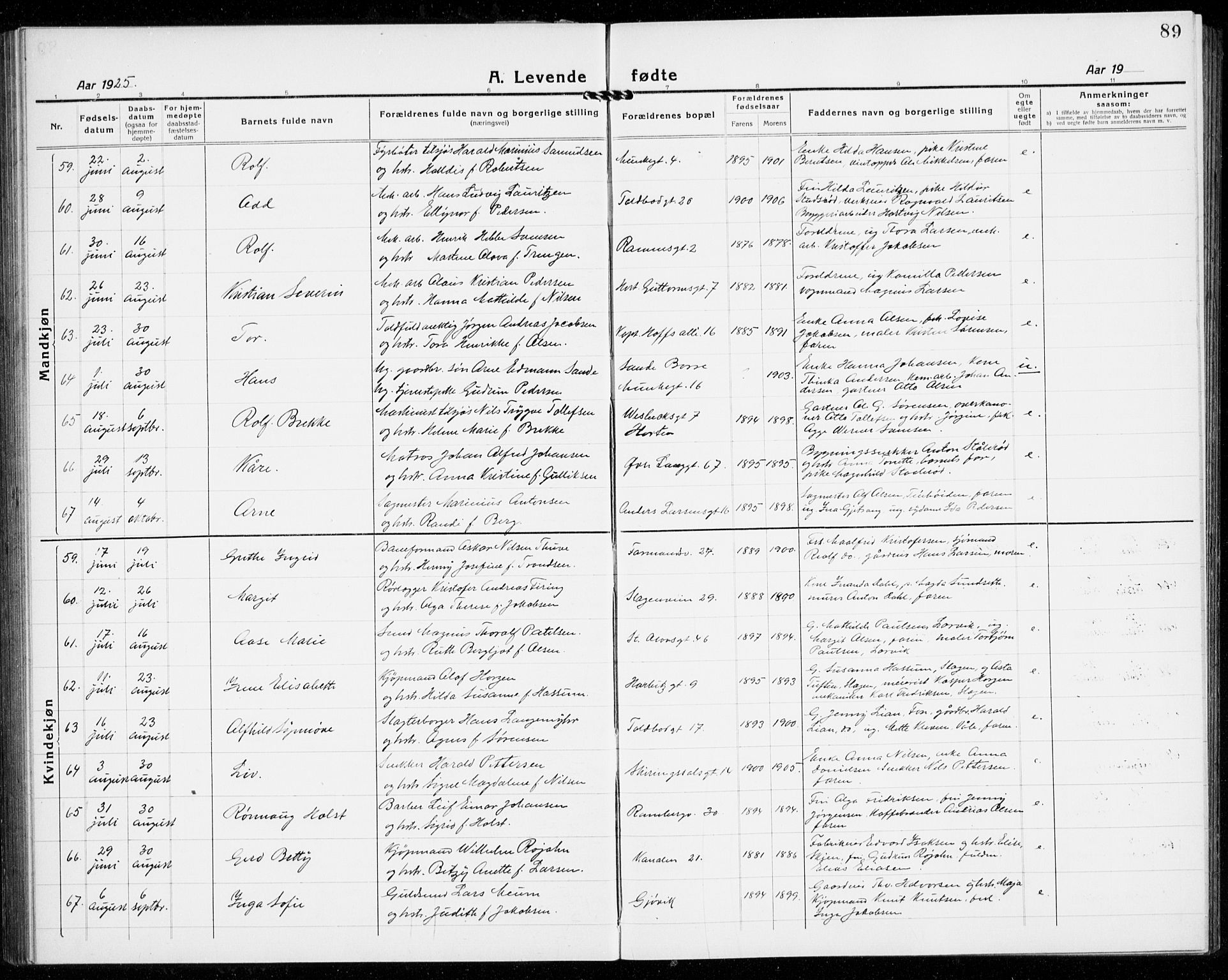 Tønsberg kirkebøker, AV/SAKO-A-330/G/Ga/L0010: Parish register (copy) no. 10, 1920-1942, p. 89