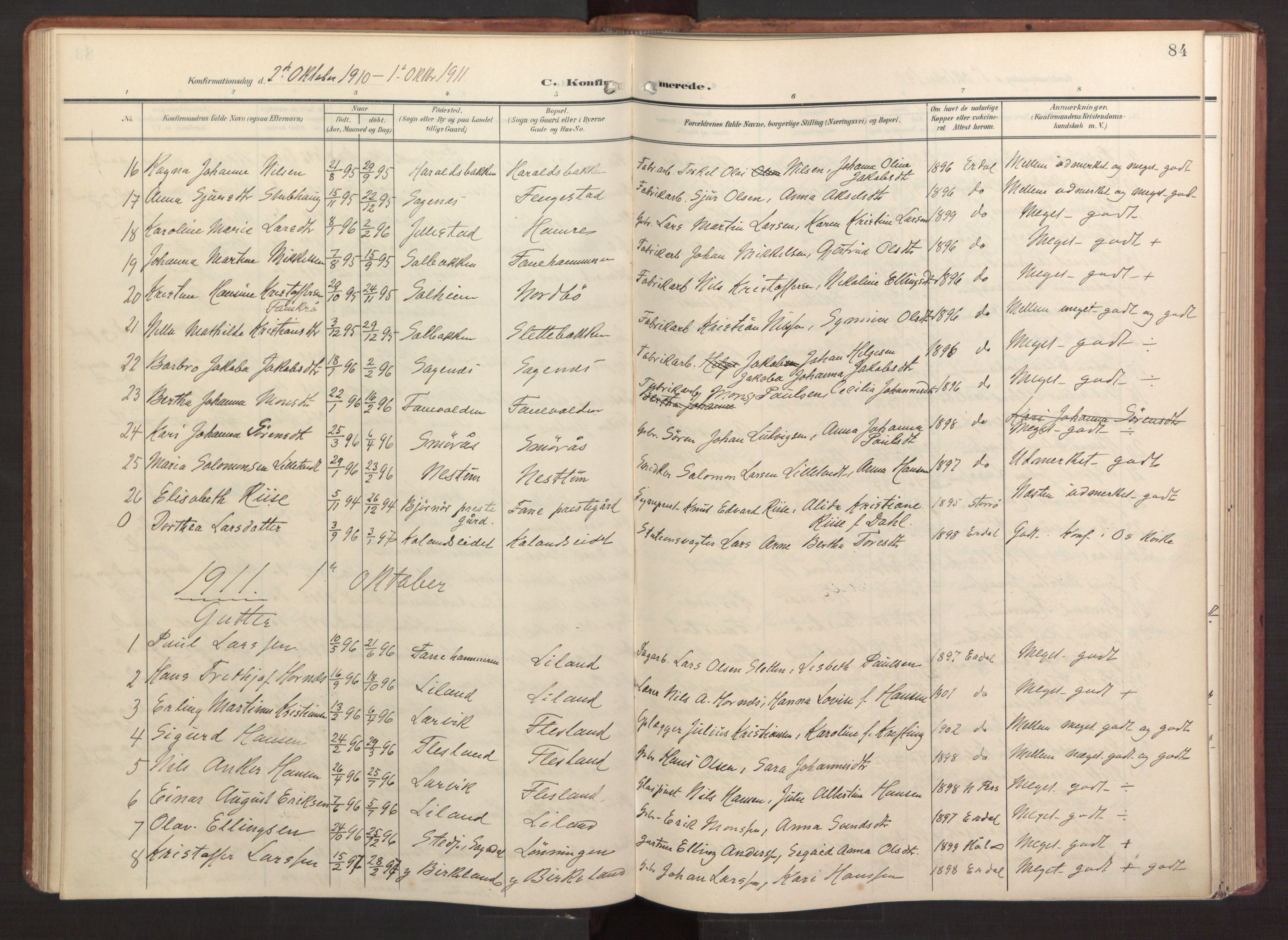 Fana Sokneprestembete, AV/SAB-A-75101/H/Haa/Haab/L0004: Parish register (official) no. B 4, 1908-1915, p. 84