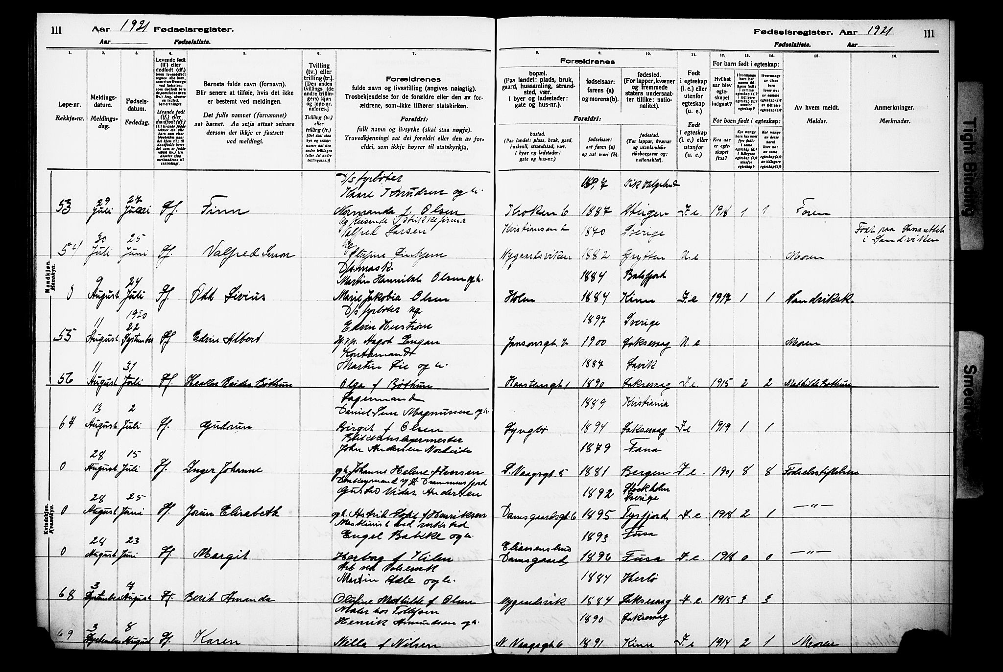 Laksevåg Sokneprestembete, AV/SAB-A-76501/I/Id/L00A1: Birth register no. A 1, 1916-1926, p. 111