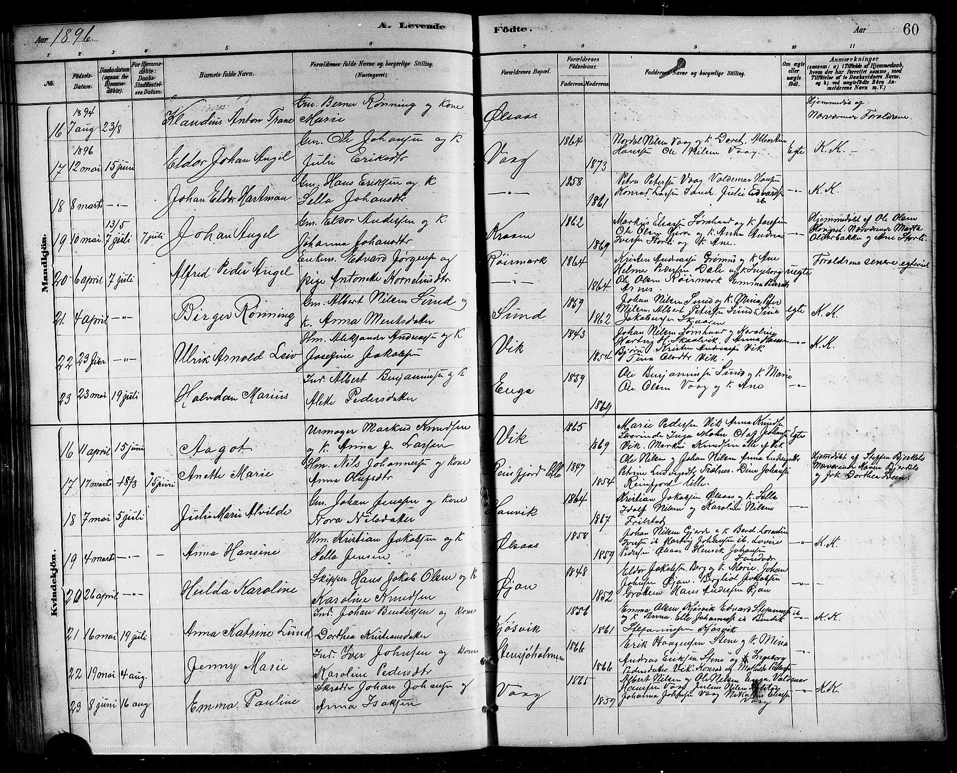 Ministerialprotokoller, klokkerbøker og fødselsregistre - Nordland, AV/SAT-A-1459/812/L0188: Parish register (copy) no. 812C06, 1884-1912, p. 60