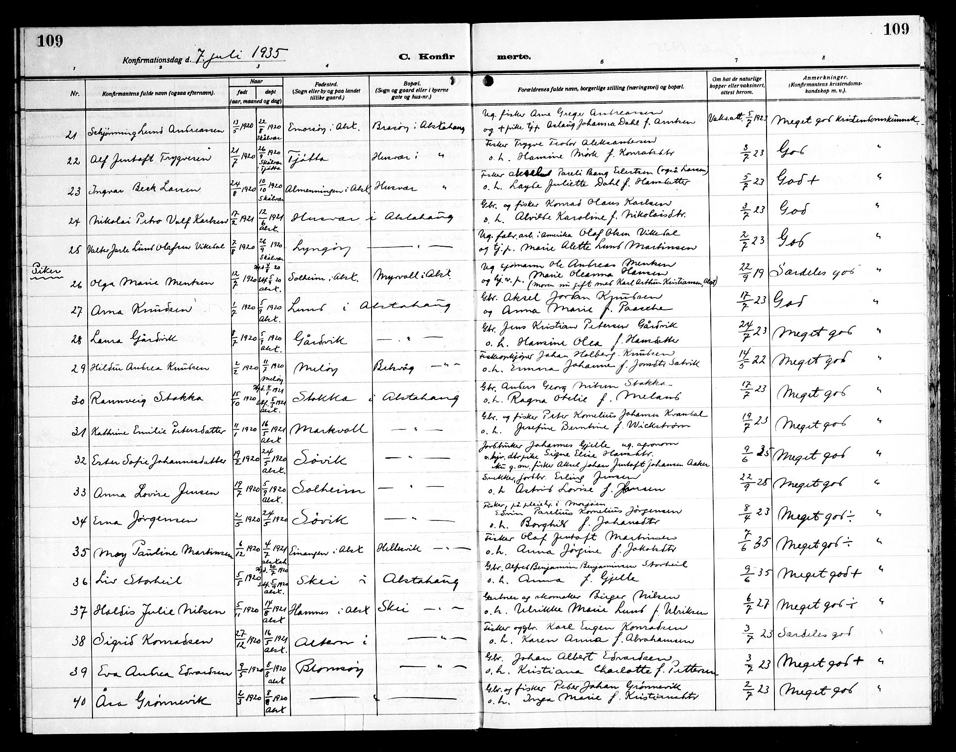 Ministerialprotokoller, klokkerbøker og fødselsregistre - Nordland, AV/SAT-A-1459/830/L0466: Parish register (copy) no. 830C08, 1920-1945, p. 109