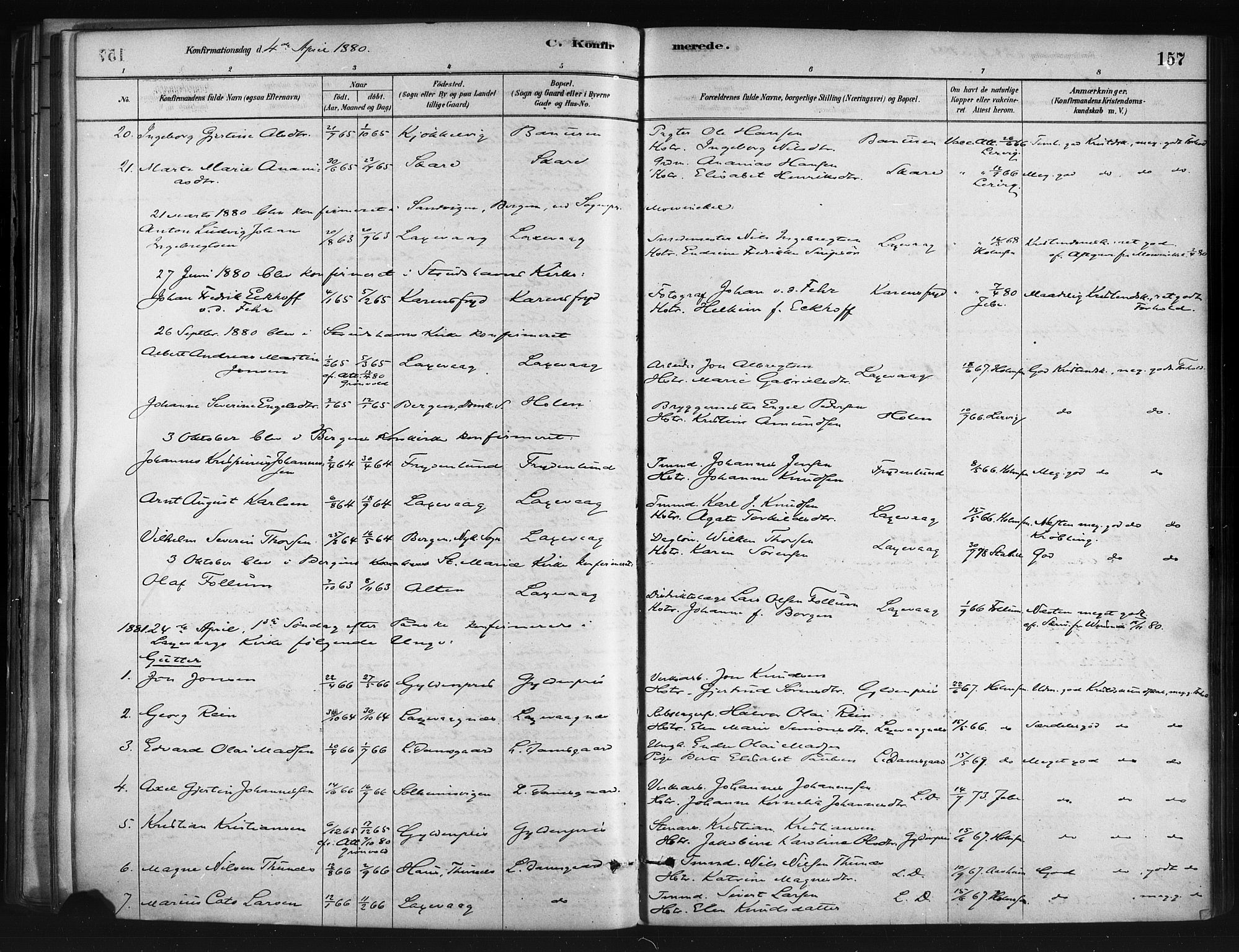 Askøy Sokneprestembete, SAB/A-74101/H/Ha/Haa/Haae/L0002: Parish register (official) no. E 2, 1878-1891, p. 157