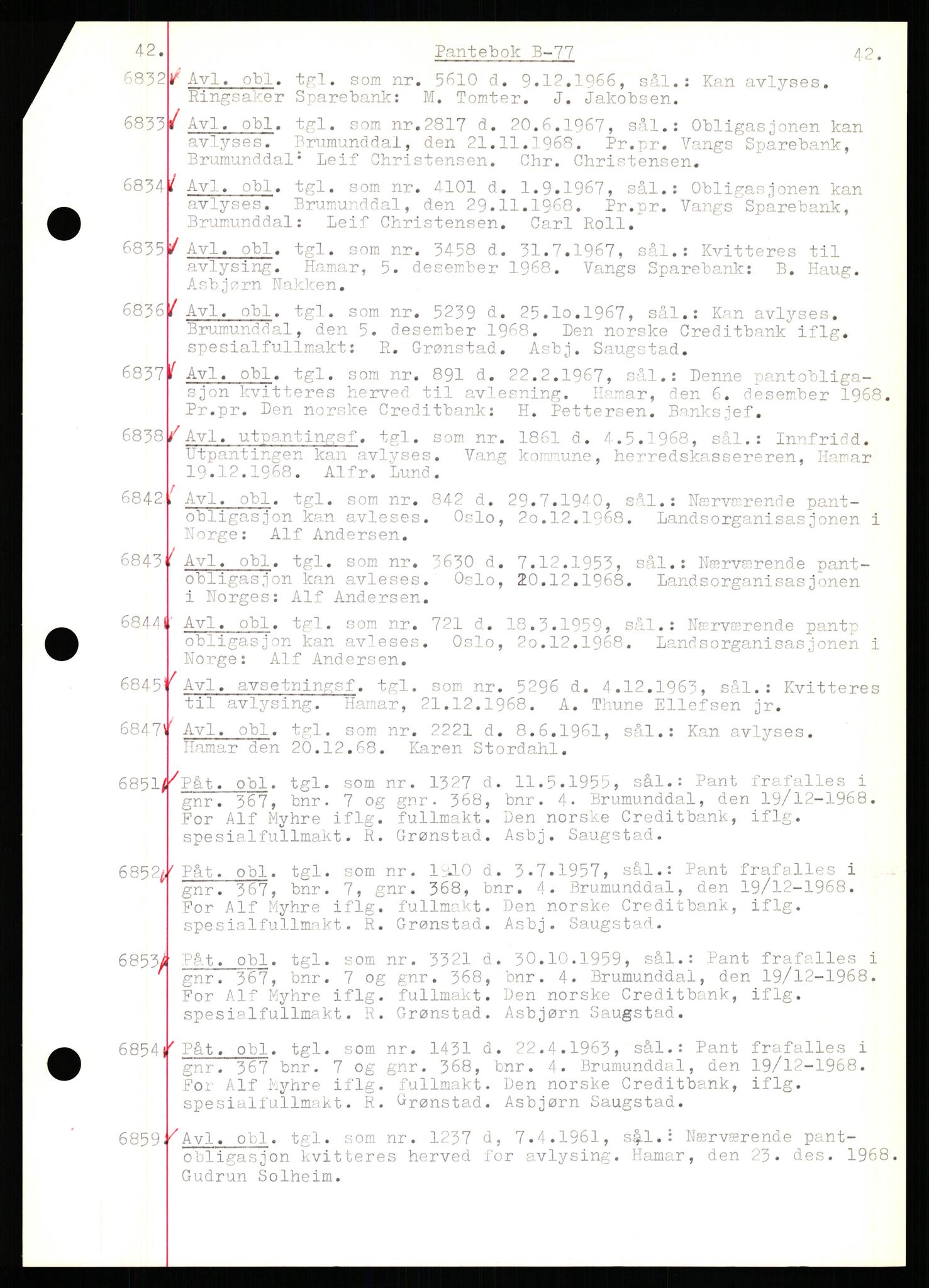 Nord-Hedmark sorenskriveri, SAH/TING-012/H/Hb/Hbf/L0077: Mortgage book no. B77, 1968-1969, Diary no: : 6832/1968