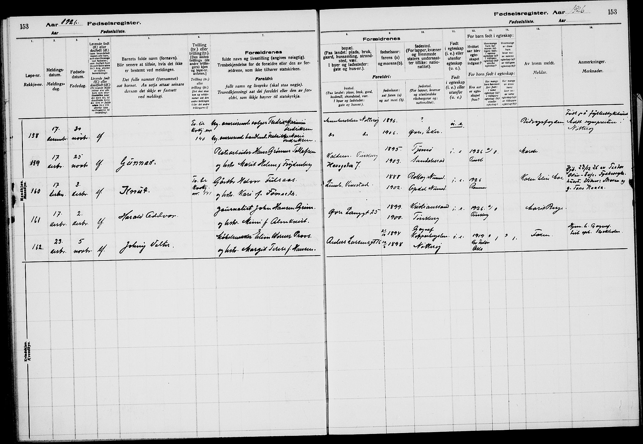 Tønsberg kirkebøker, AV/SAKO-A-330/J/Ja/L0002: Birth register no. 2, 1922-1928, p. 153