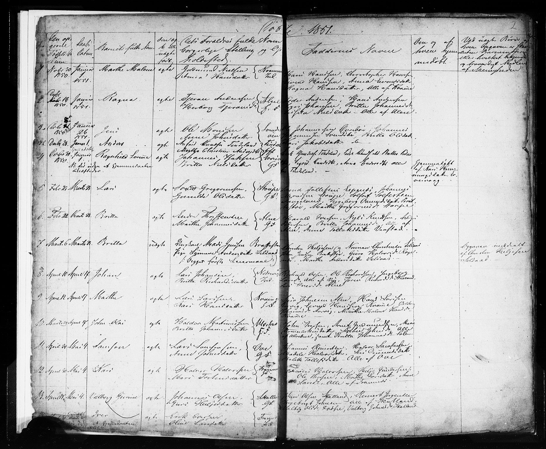 Sveio Sokneprestembete, SAB/A-78501/H/Hab: Parish register (copy) no. C 1, 1851-1865, p. 2