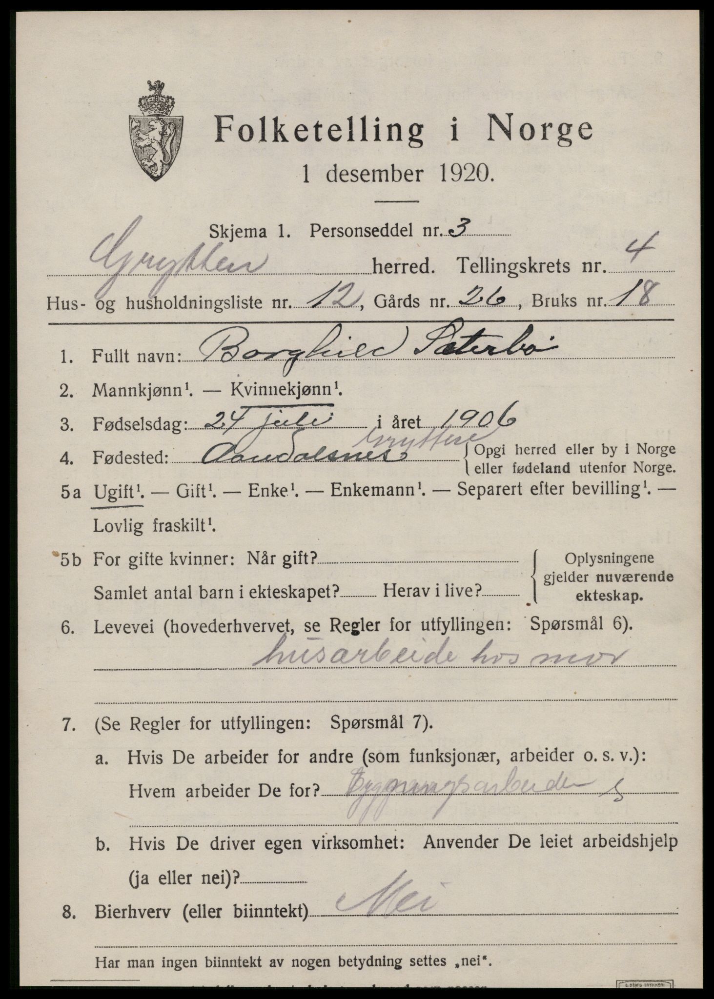 SAT, 1920 census for Grytten, 1920, p. 2792