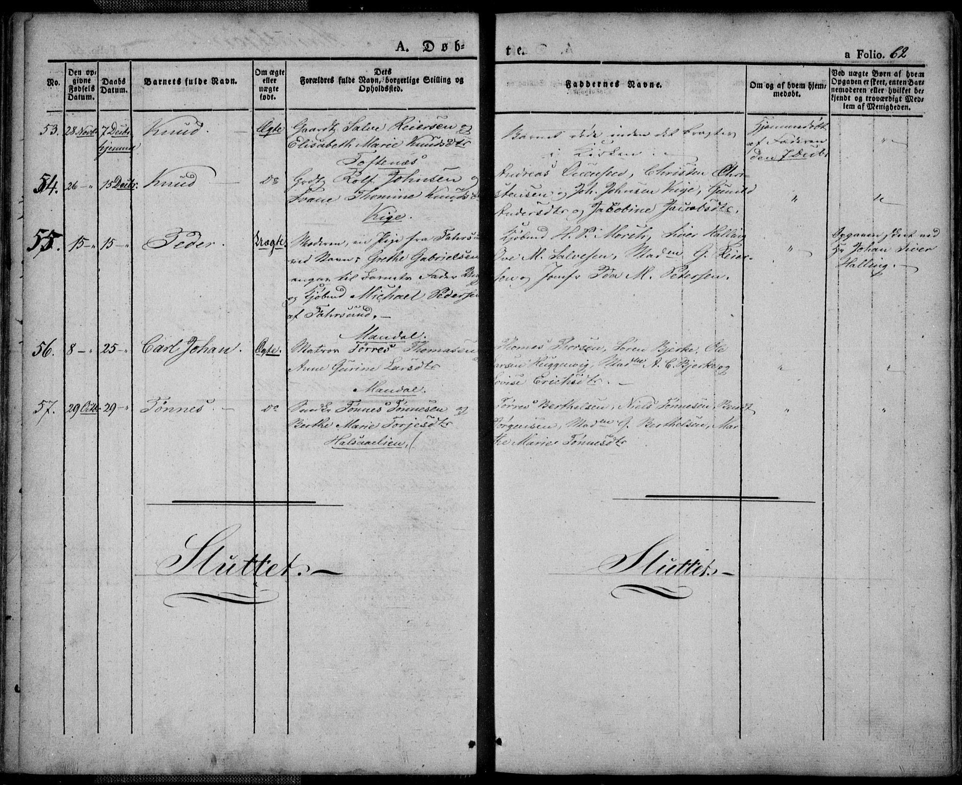 Mandal sokneprestkontor, AV/SAK-1111-0030/F/Fa/Faa/L0011: Parish register (official) no. A 11, 1830-1839, p. 62