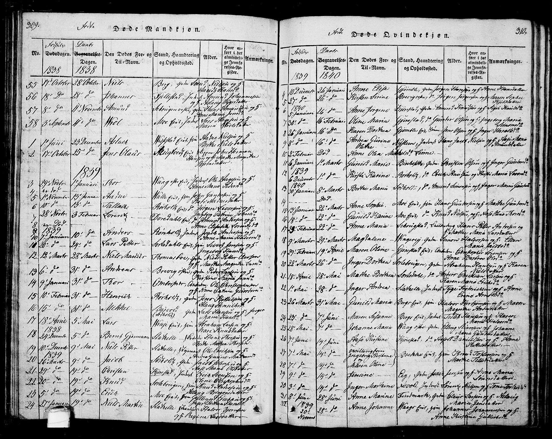 Bamble kirkebøker, AV/SAKO-A-253/G/Ga/L0005: Parish register (copy) no. I 5, 1814-1855, p. 309-310
