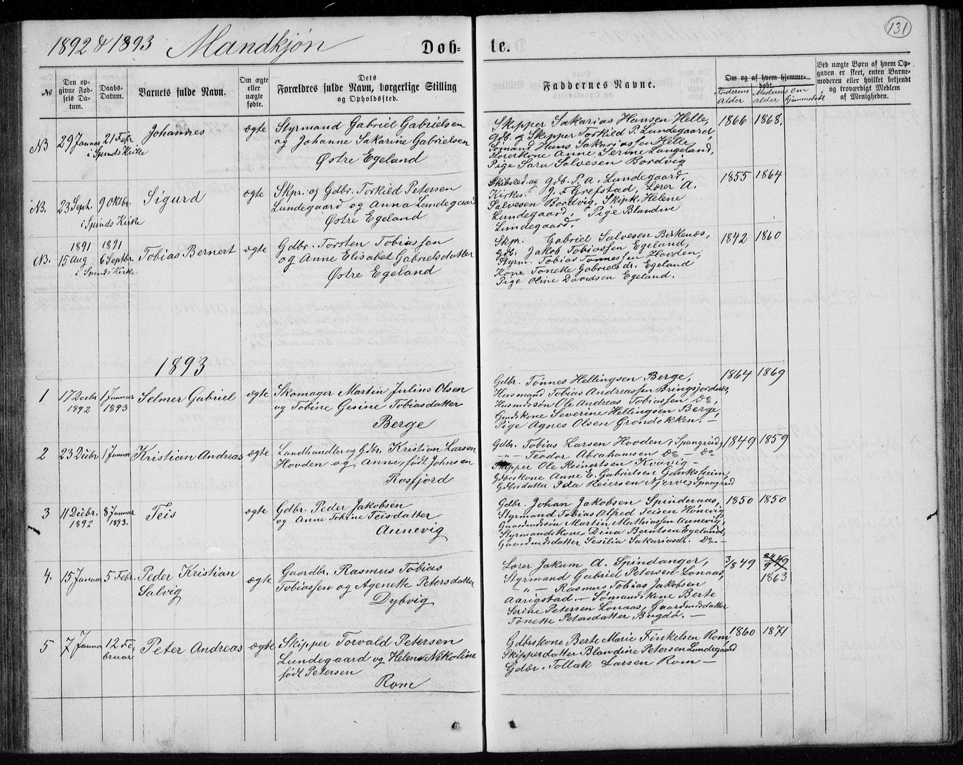 Lyngdal sokneprestkontor, SAK/1111-0029/F/Fb/Fbc/L0004: Parish register (copy) no. B 4, 1878-1896, p. 131