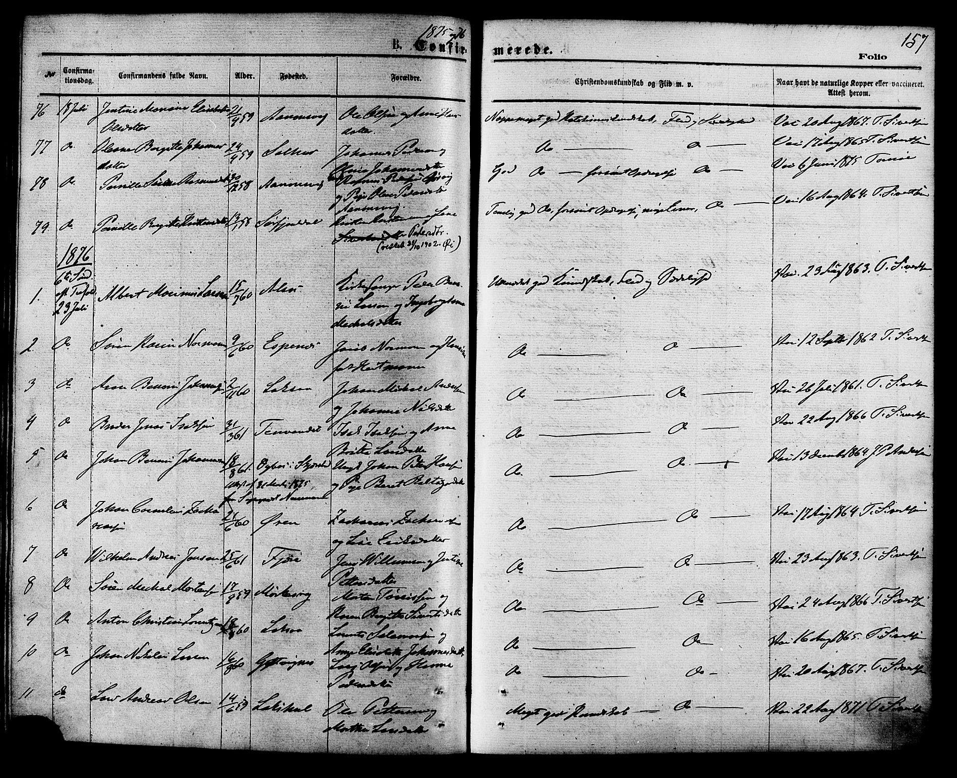 Ministerialprotokoller, klokkerbøker og fødselsregistre - Nordland, SAT/A-1459/853/L0771: Parish register (official) no. 853A10, 1870-1881, p. 157