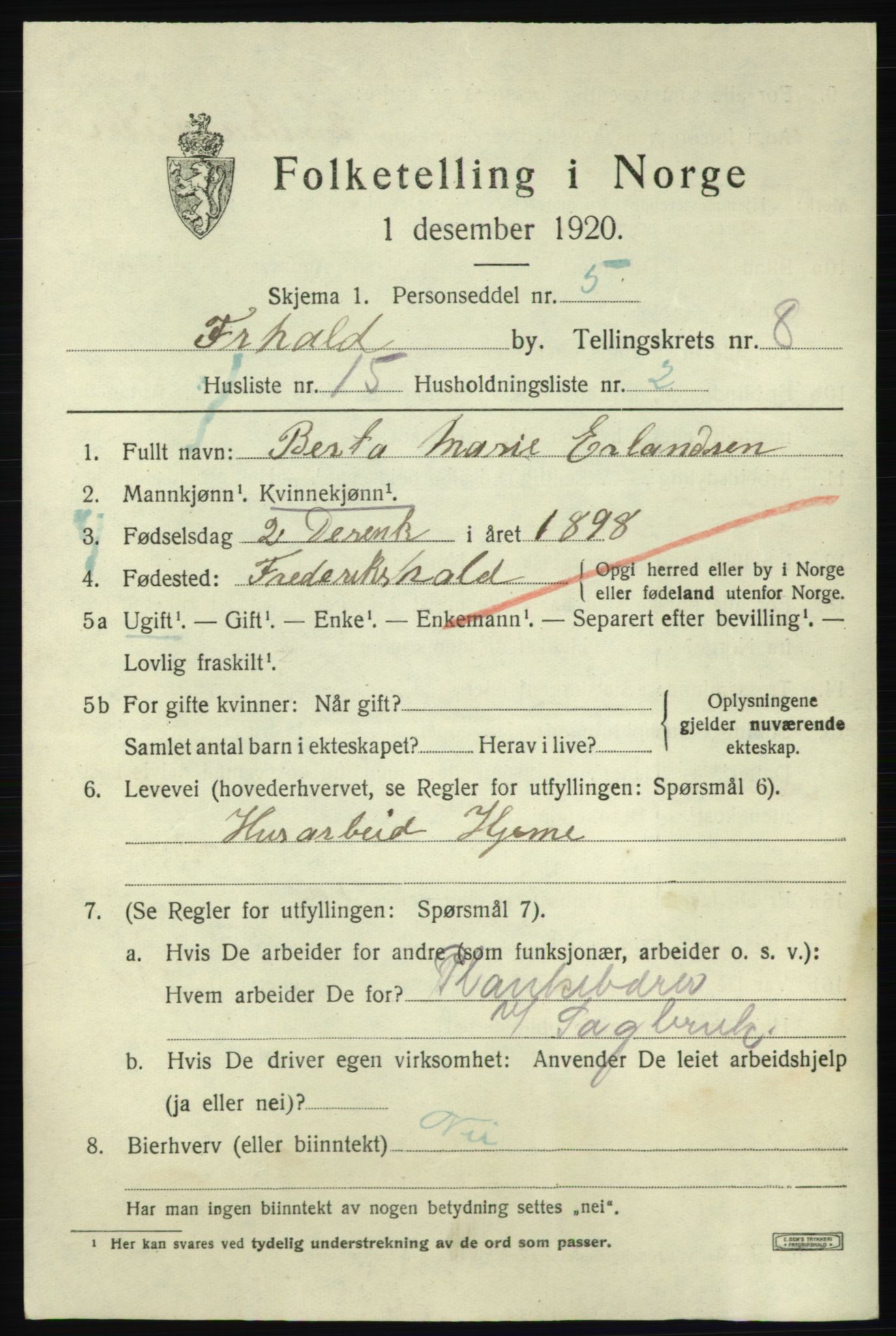 SAO, 1920 census for Fredrikshald, 1920, p. 15037