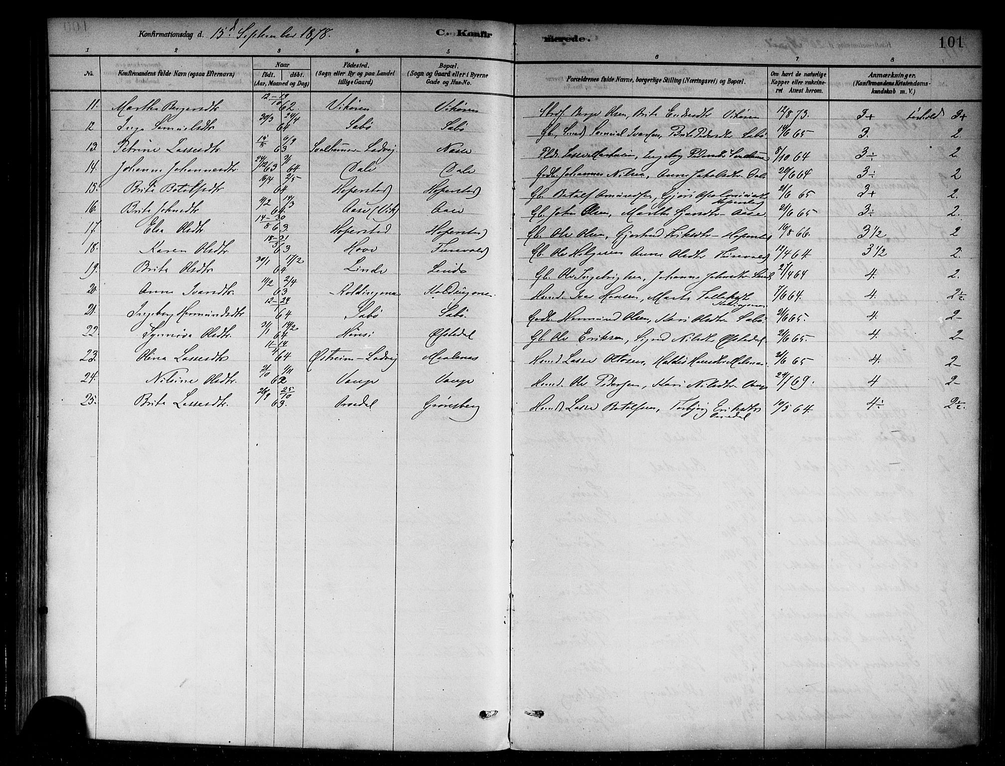 Vik sokneprestembete, SAB/A-81501: Parish register (official) no. B 1, 1878-1890, p. 101