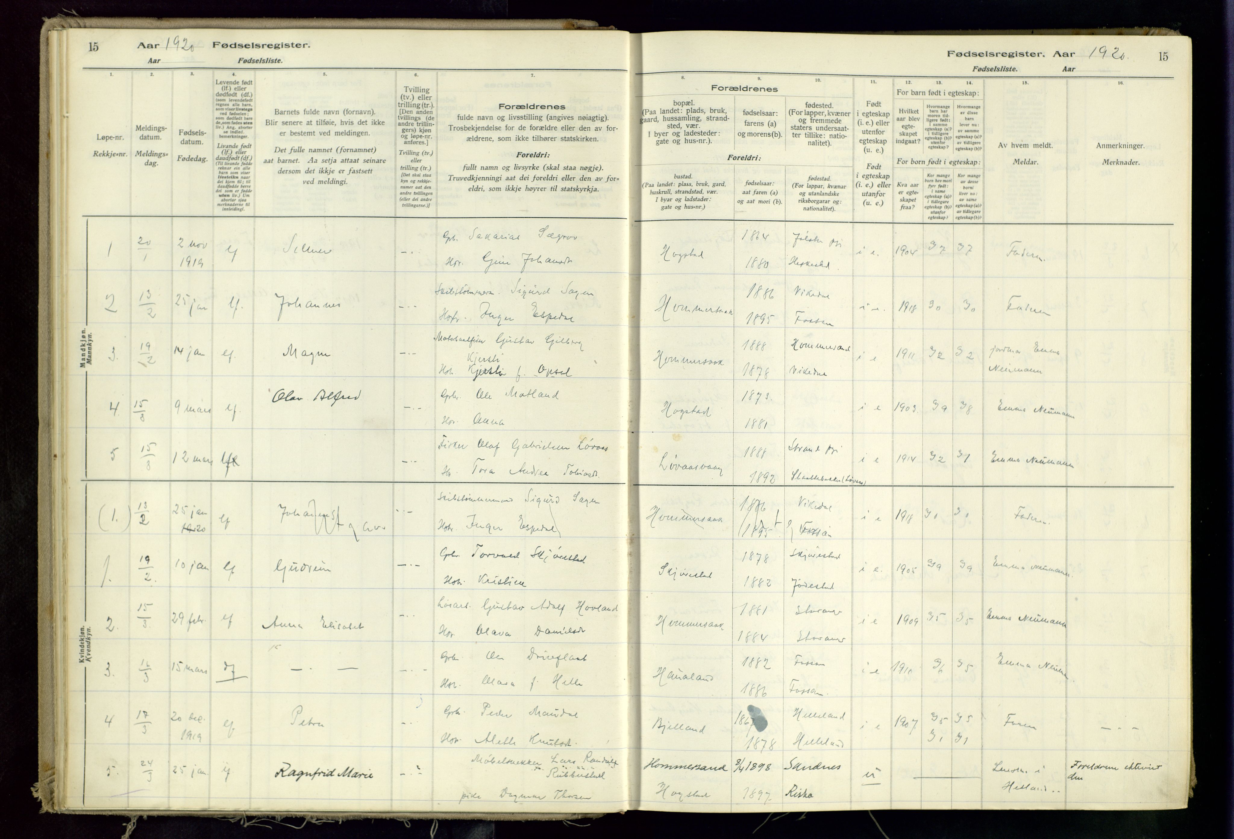 Hetland sokneprestkontor, SAST/A-101826/70/704BA/L0002: Birth register no. 2, 1916-1968, p. 15