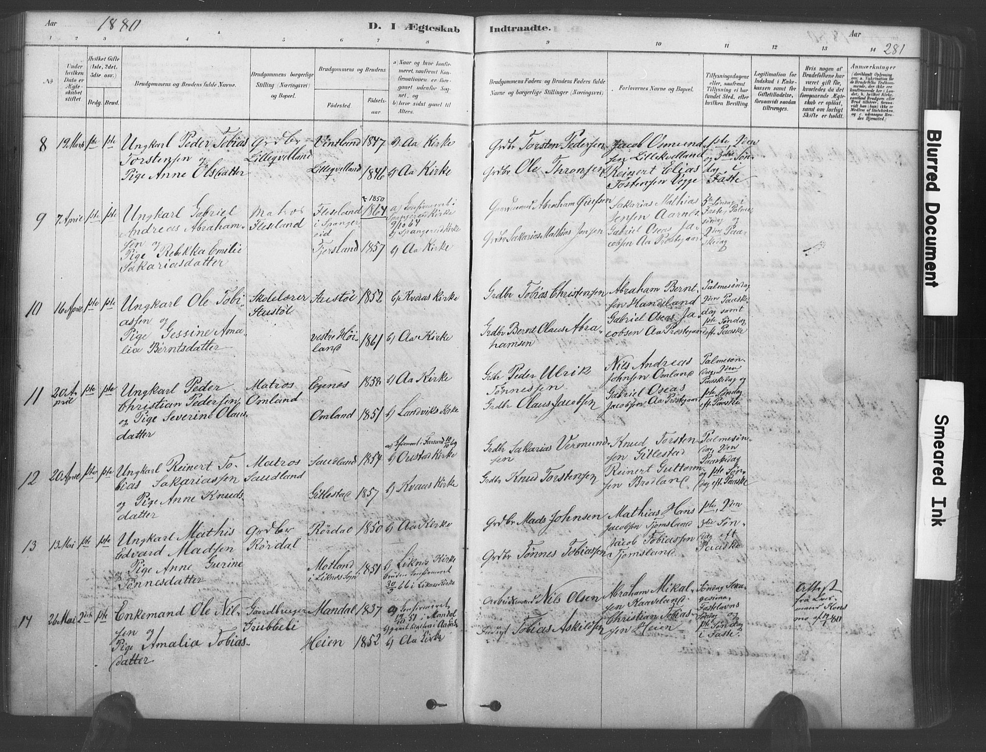 Lyngdal sokneprestkontor, AV/SAK-1111-0029/F/Fa/Fac/L0011: Parish register (official) no. A 11, 1878-1893, p. 281