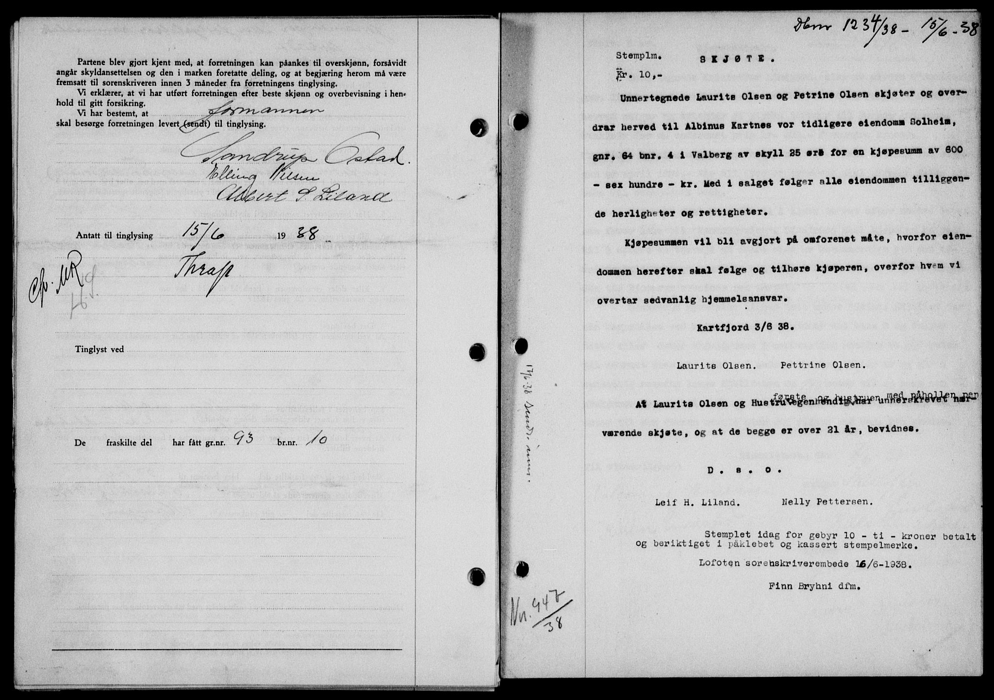 Lofoten sorenskriveri, SAT/A-0017/1/2/2C/L0004a: Mortgage book no. 4a, 1938-1938, Diary no: : 1234/1938