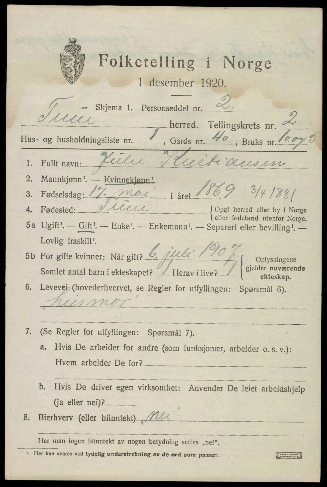 SAO, 1920 census for Tune, 1920, p. 2864