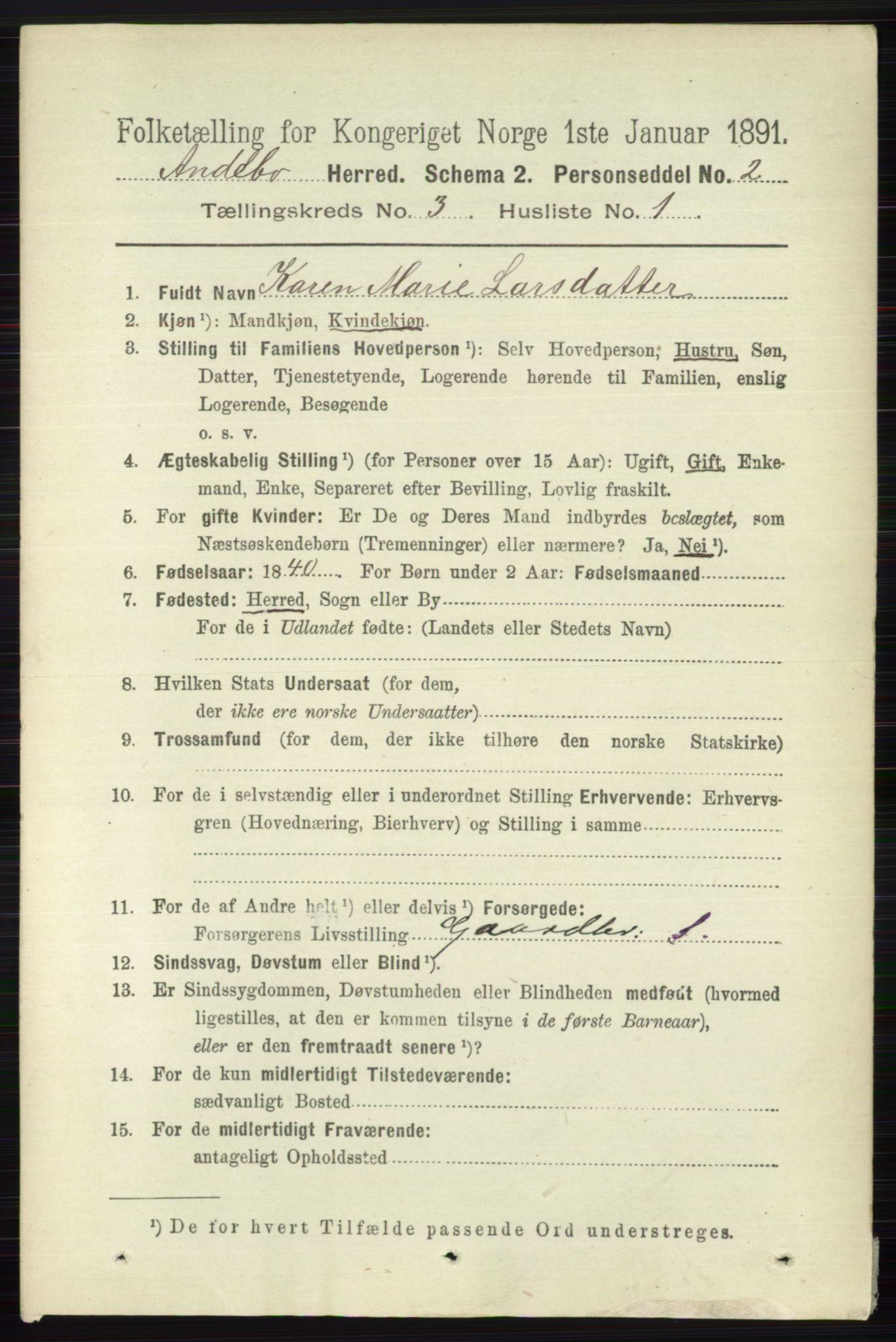 RA, 1891 census for 0719 Andebu, 1891, p. 1497