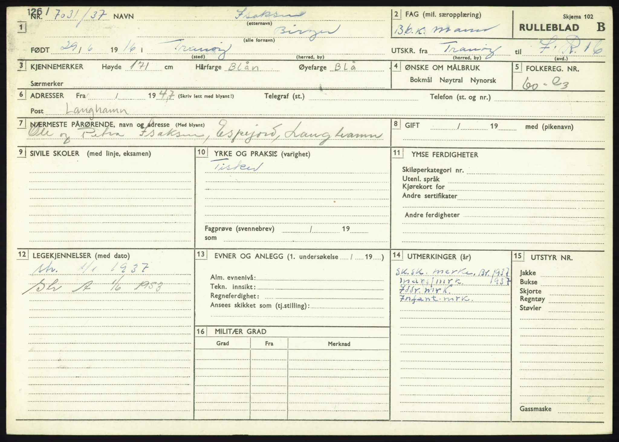 Forsvaret, Troms infanteriregiment nr. 16, AV/RA-RAFA-3146/P/Pa/L0021: Rulleblad for regimentets menige mannskaper, årsklasse 1937, 1937, p. 415