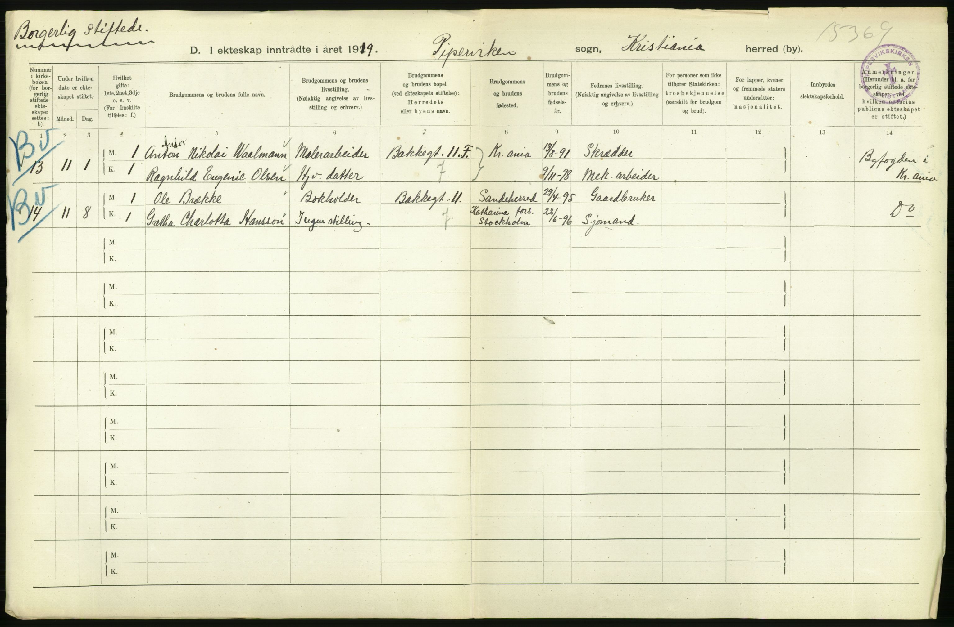 Statistisk sentralbyrå, Sosiodemografiske emner, Befolkning, AV/RA-S-2228/D/Df/Dfb/Dfbi/L0009: Kristiania: Gifte, 1919, p. 796