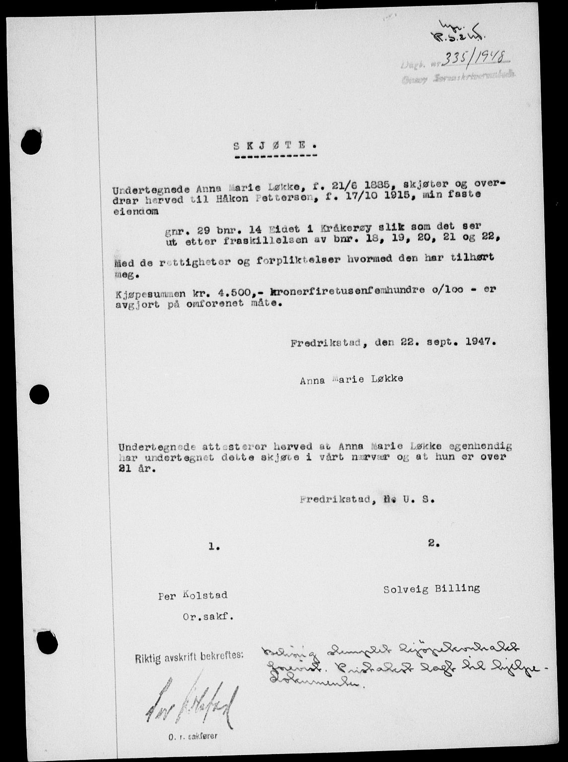 Onsøy sorenskriveri, SAO/A-10474/G/Ga/Gab/L0022: Mortgage book no. II A-22, 1947-1948, Diary no: : 335/1948