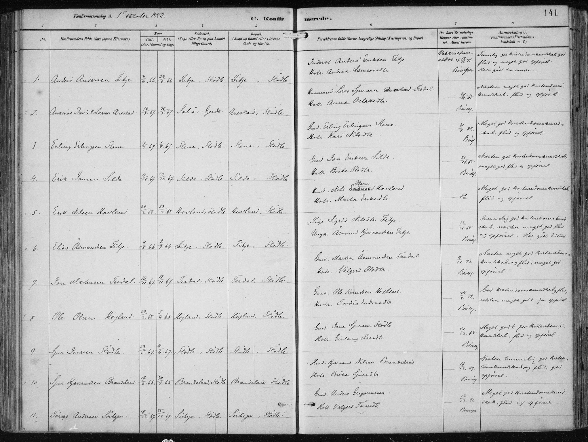 Etne sokneprestembete, SAB/A-75001/H/Haa: Parish register (official) no. B  1, 1879-1919, p. 141
