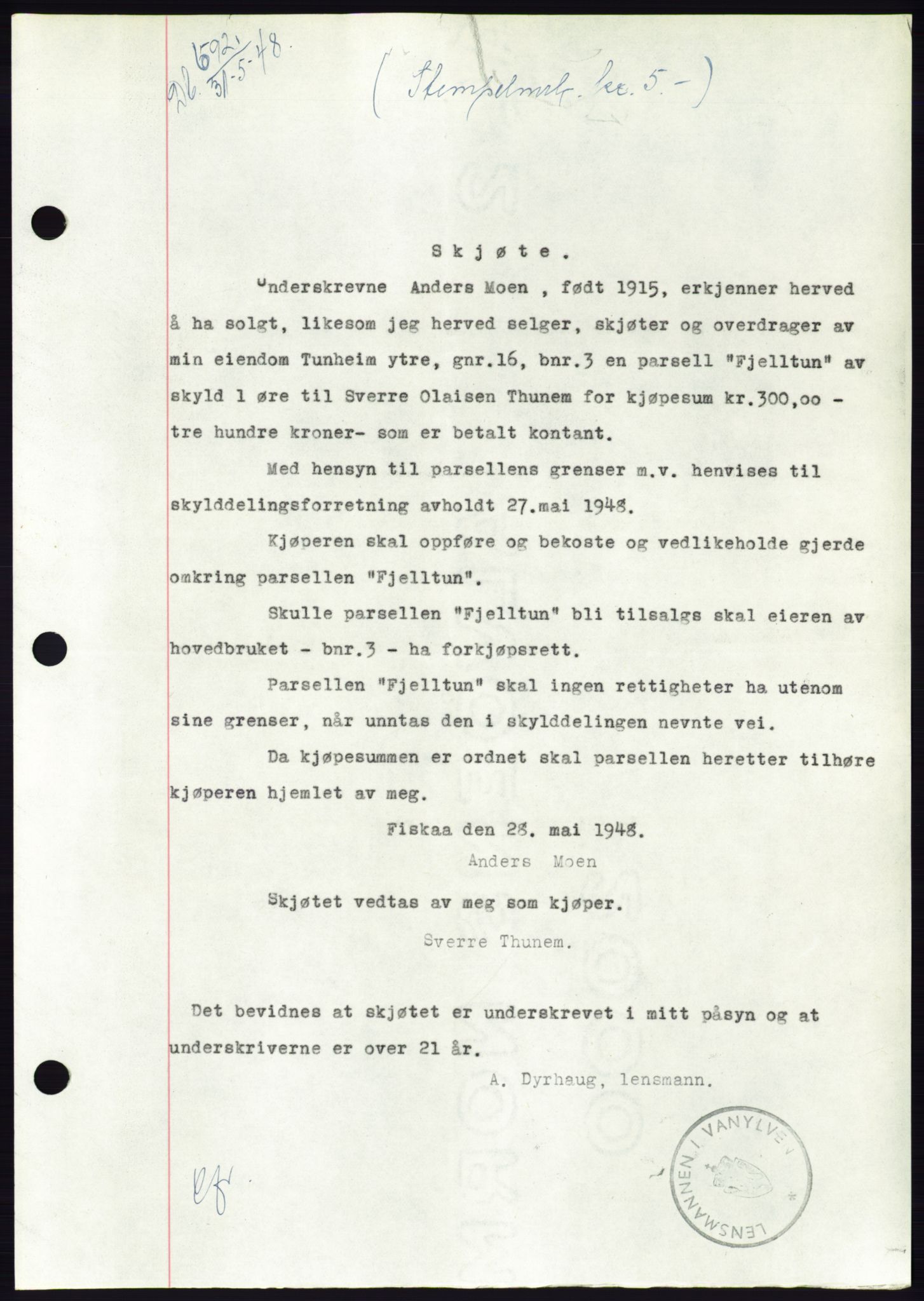 Søre Sunnmøre sorenskriveri, AV/SAT-A-4122/1/2/2C/L0082: Mortgage book no. 8A, 1948-1948, Diary no: : 692/1948