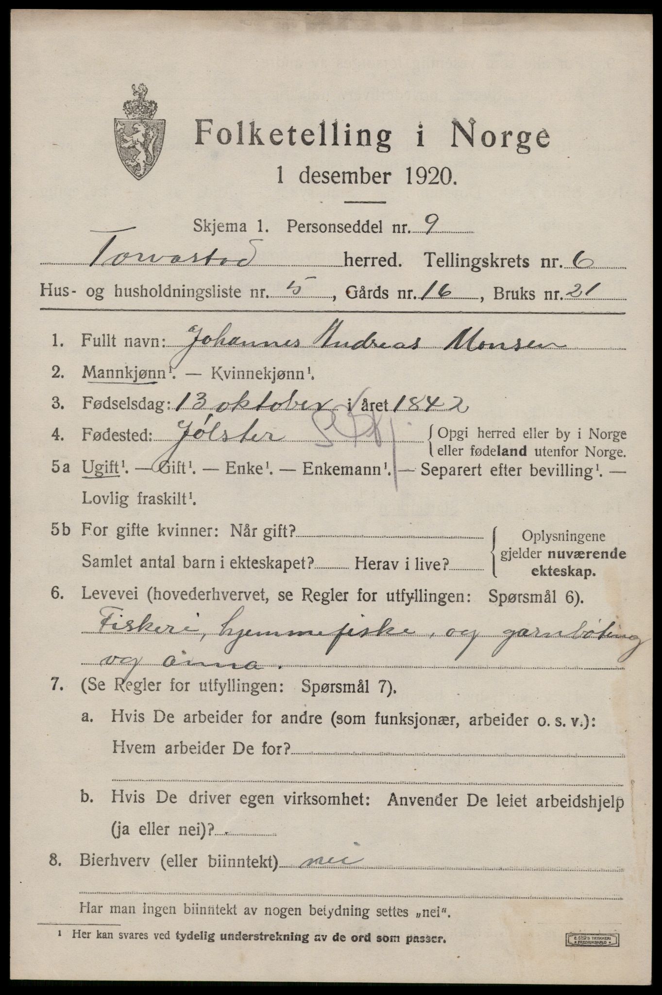 SAST, 1920 census for Torvastad, 1920, p. 4978