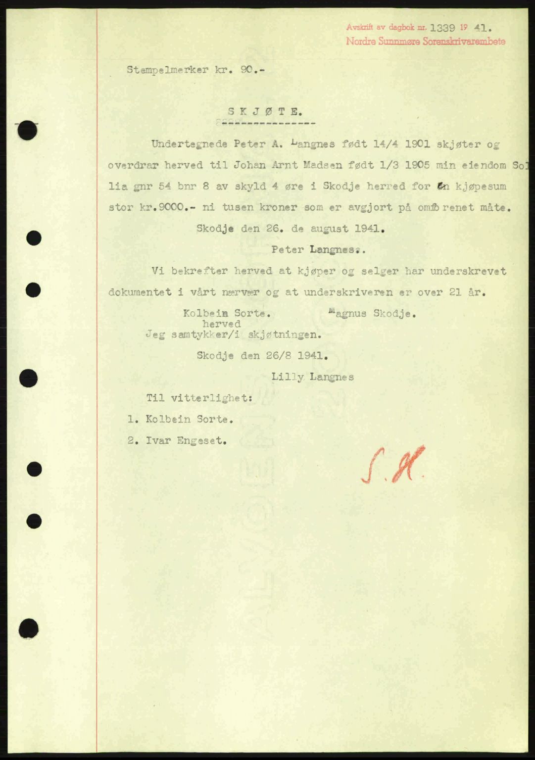 Nordre Sunnmøre sorenskriveri, SAT/A-0006/1/2/2C/2Ca: Mortgage book no. A11, 1941-1941, Diary no: : 1339/1941