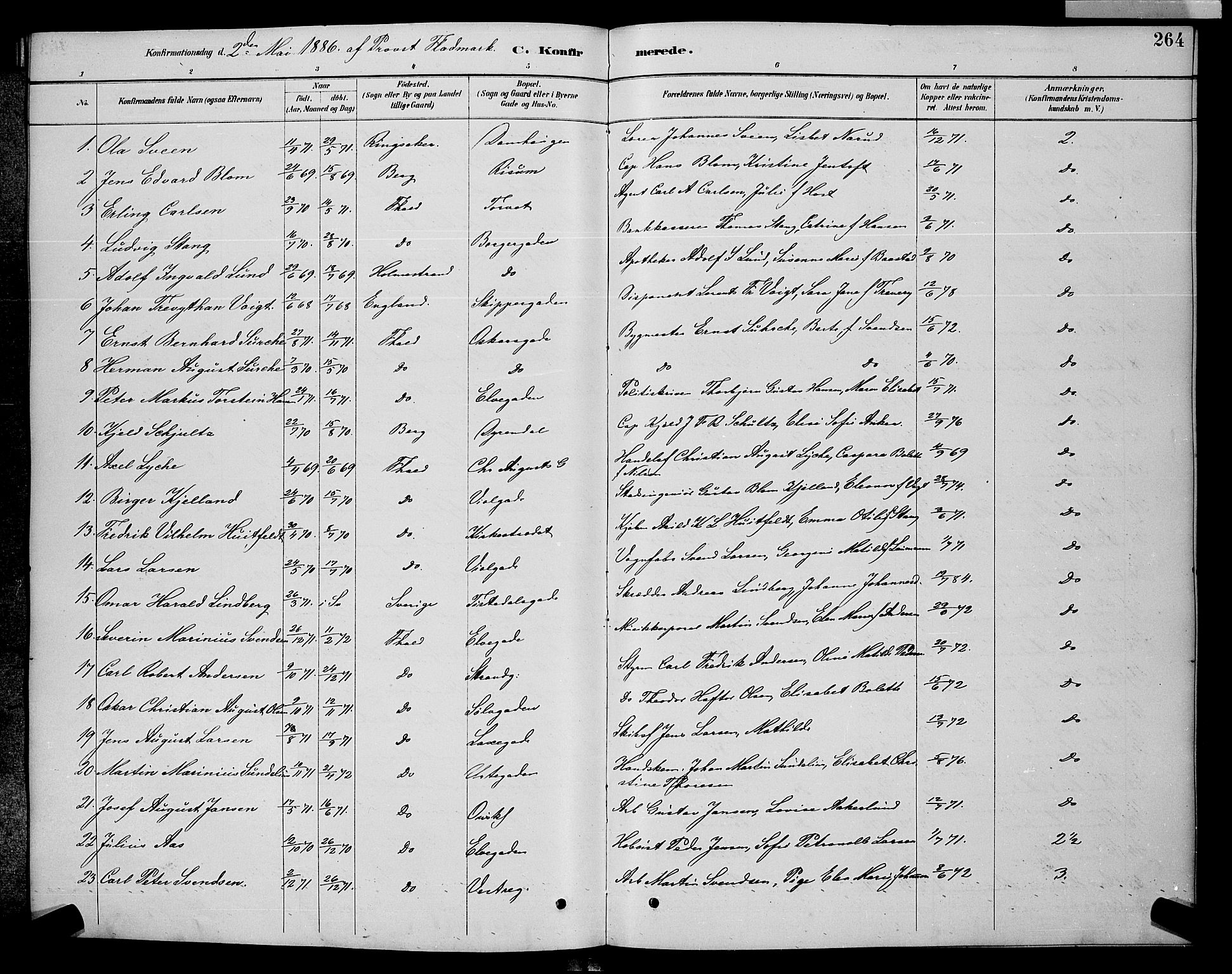 Halden prestekontor Kirkebøker, SAO/A-10909/G/Ga/L0008: Parish register (copy) no. 8, 1885-1899, p. 264
