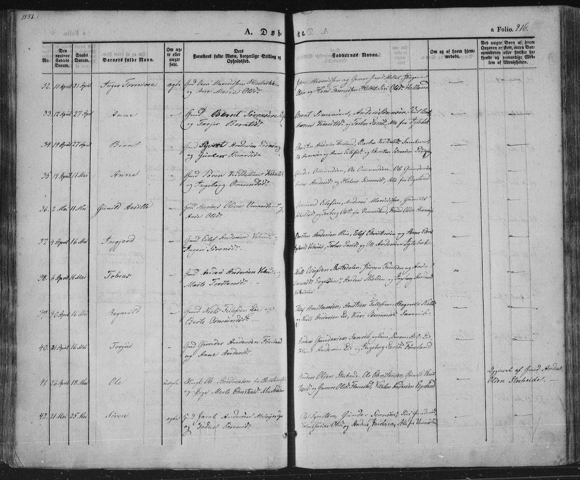 Vennesla sokneprestkontor, AV/SAK-1111-0045/Fa/Fac/L0004: Parish register (official) no. A 4, 1834-1855, p. 216