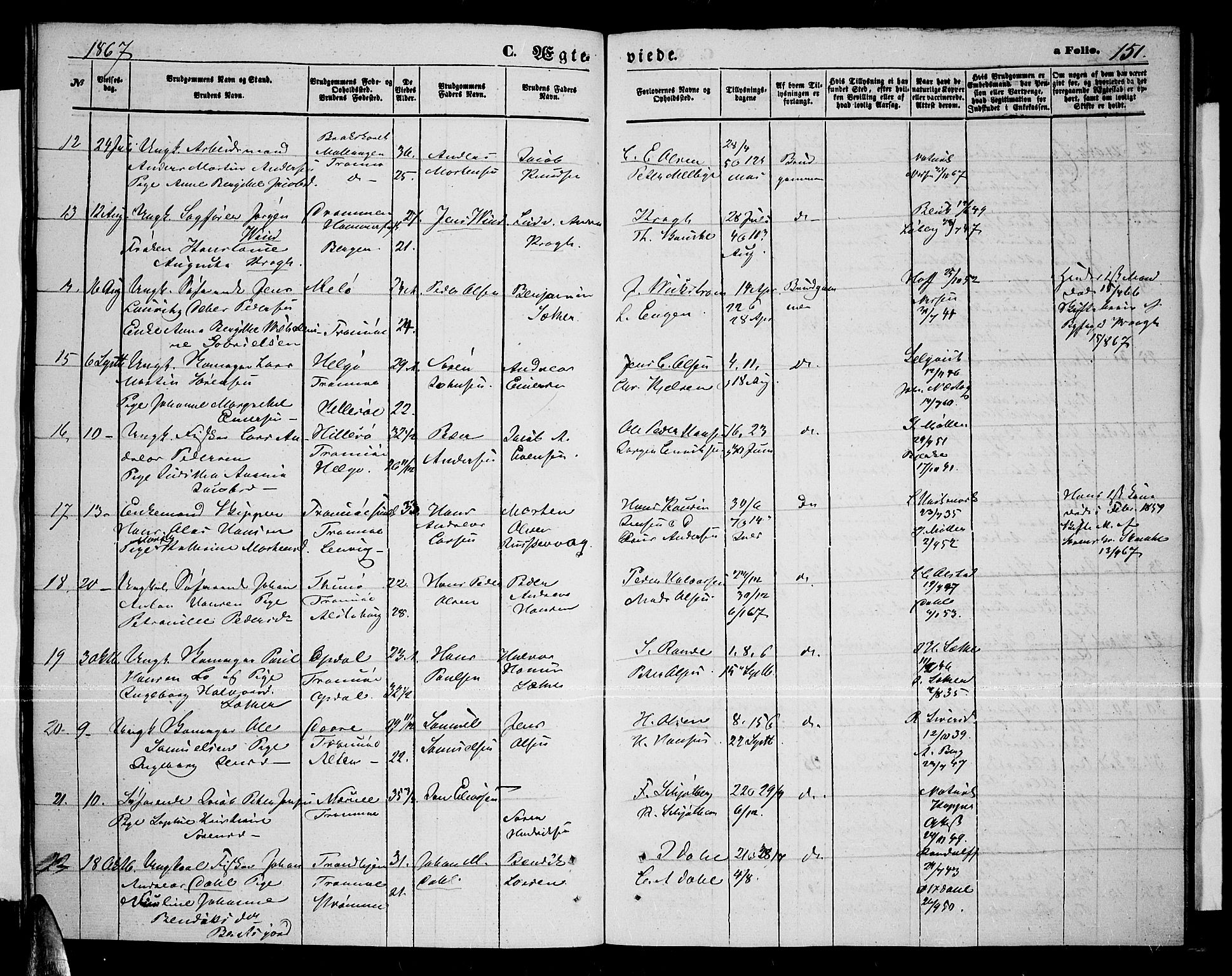 Tromsø sokneprestkontor/stiftsprosti/domprosti, AV/SATØ-S-1343/G/Gb/L0007klokker: Parish register (copy) no. 7, 1867-1875, p. 151