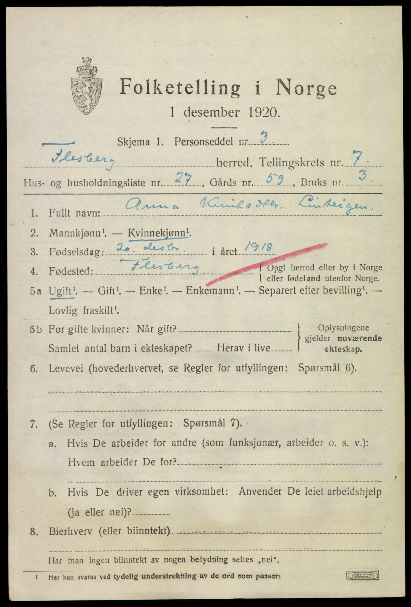 SAKO, 1920 census for Flesberg, 1920, p. 3045