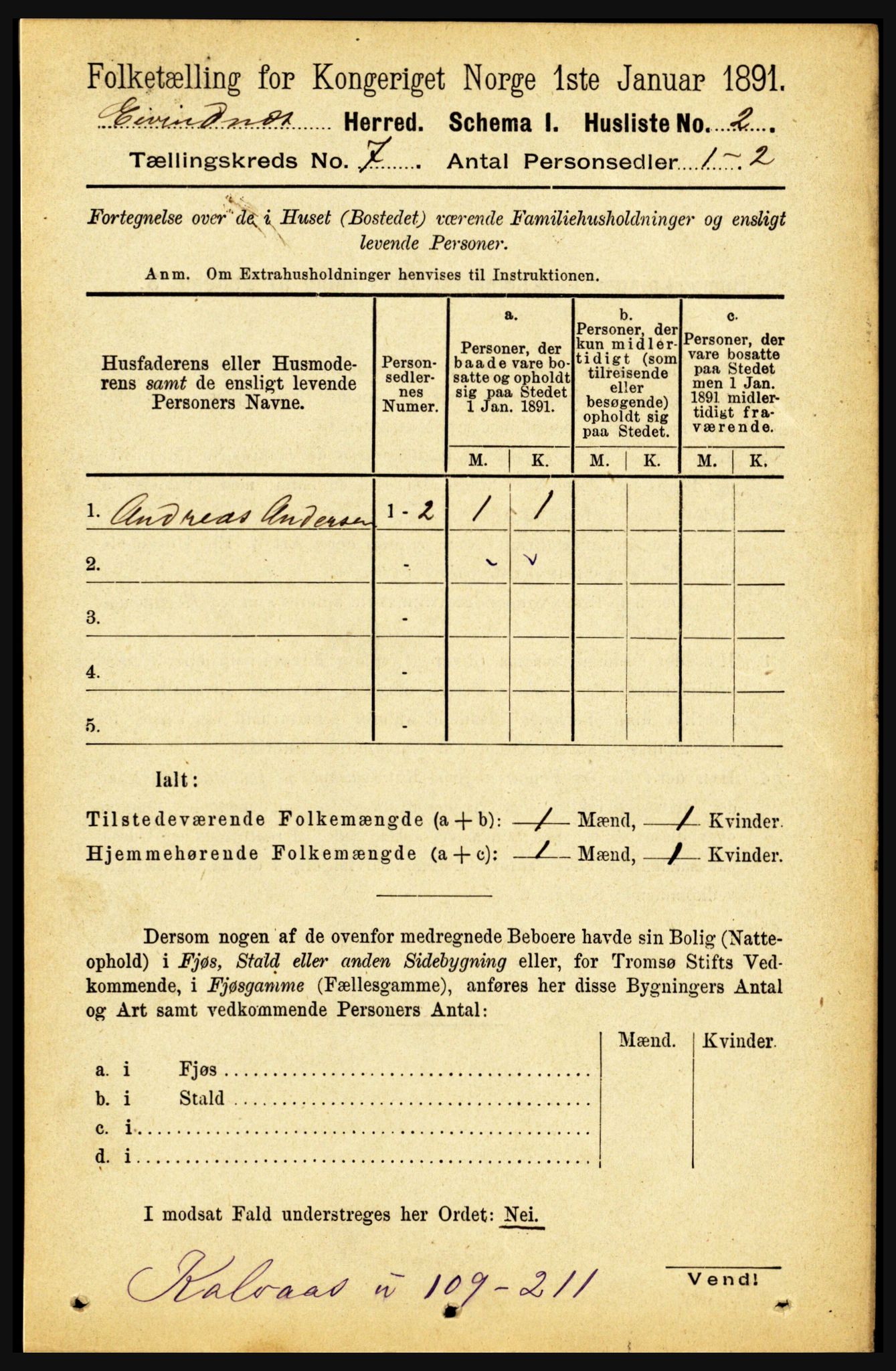 RA, 1891 census for 1853 Evenes, 1891, p. 2123