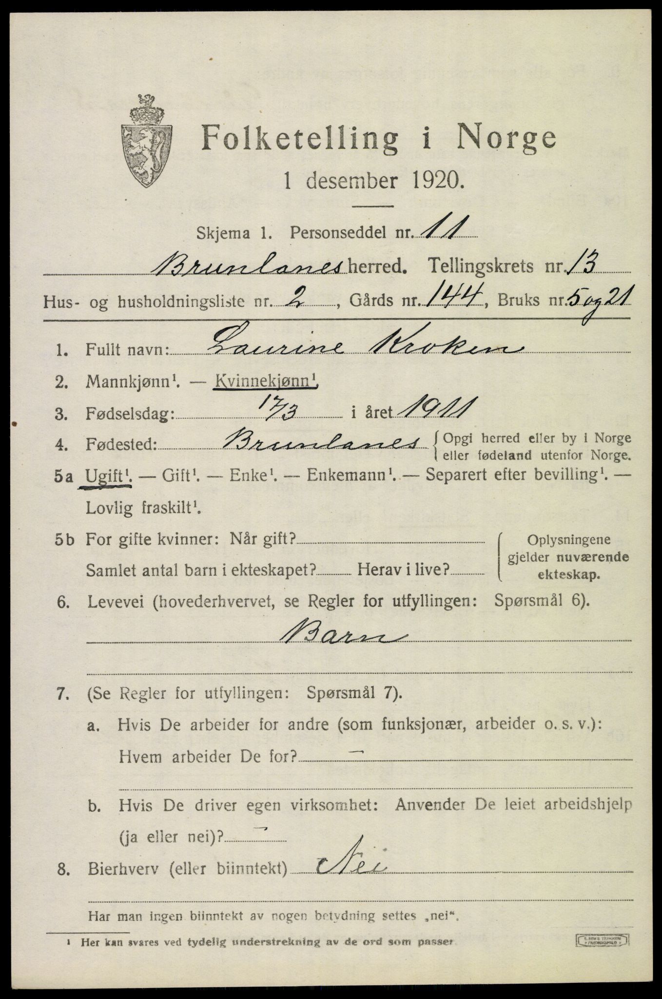 SAKO, 1920 census for Brunlanes, 1920, p. 10819