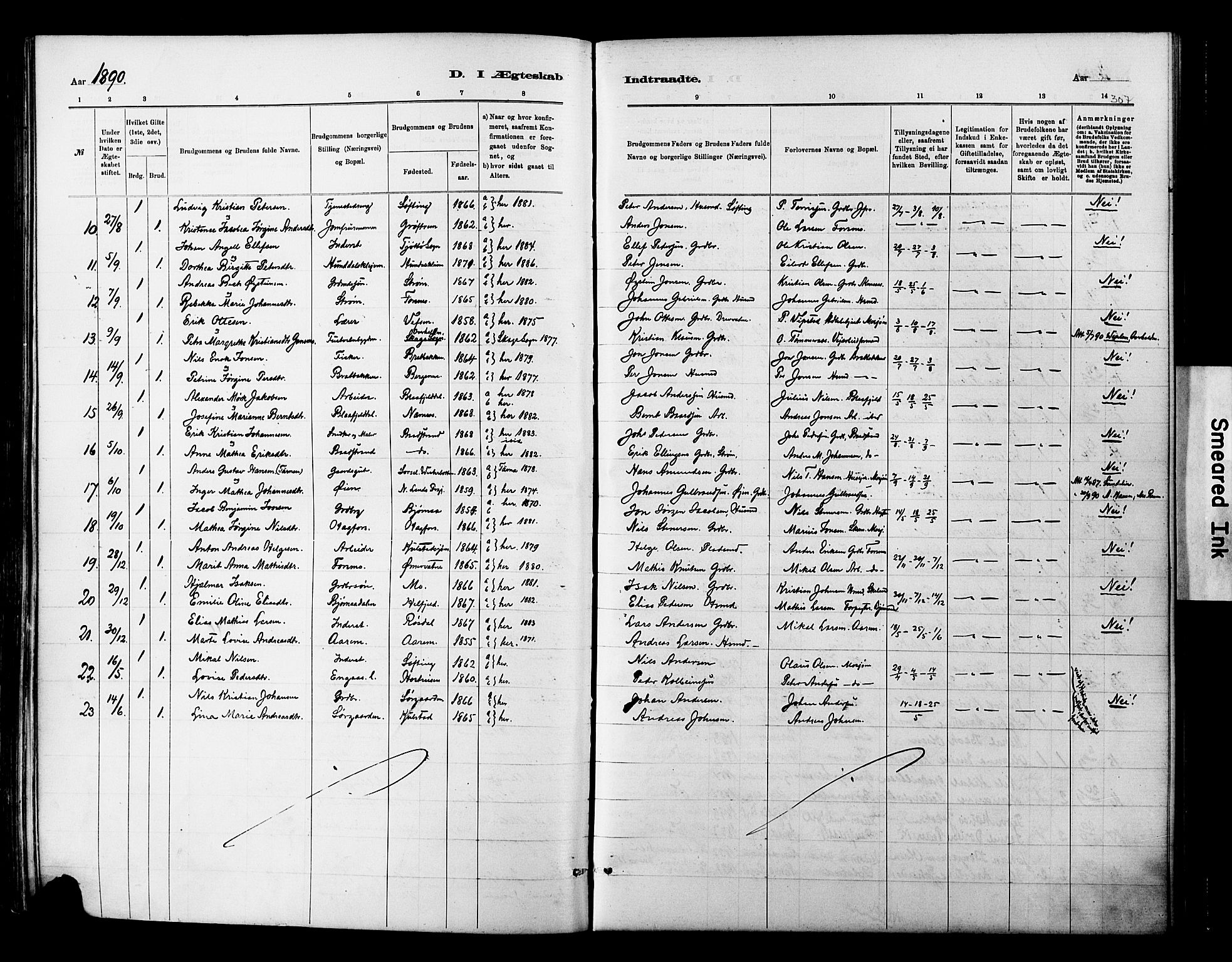 Ministerialprotokoller, klokkerbøker og fødselsregistre - Nordland, AV/SAT-A-1459/820/L0295: Parish register (official) no. 820A16, 1880-1896, p. 307