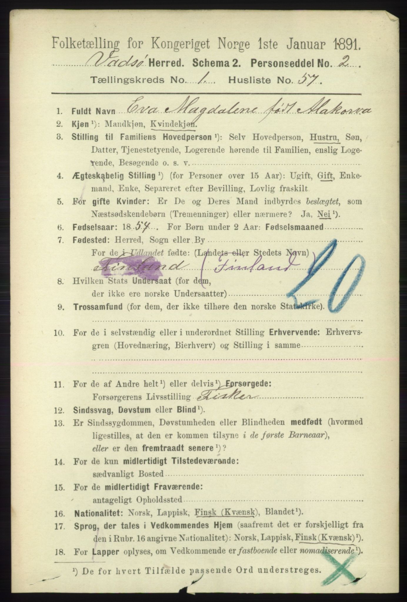 RA, 1891 census for 2029 Vadsø, 1891, p. 396