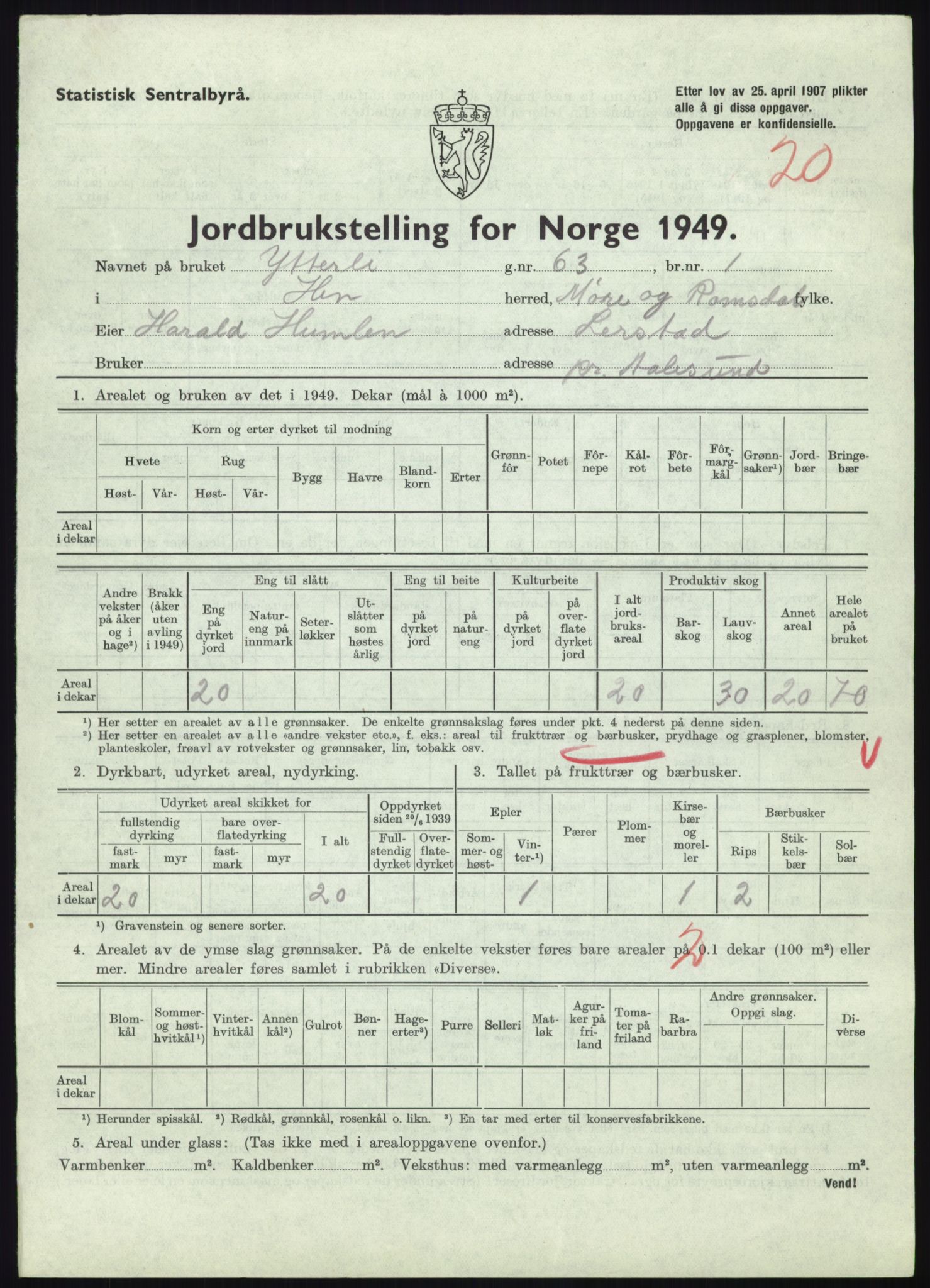 Statistisk sentralbyrå, Næringsøkonomiske emner, Jordbruk, skogbruk, jakt, fiske og fangst, AV/RA-S-2234/G/Gc/L0323: Møre og Romsdal: Grytten og Hen, 1949, p. 551